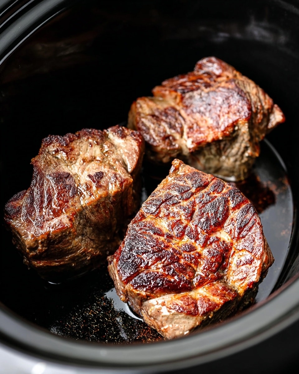 The image shows three pieces of cooked meat with a browned and seared surface, each piece having a rough, uneven texture with grill-like brown patches and lighter juicy areas. The meat pieces are placed on the bottom of a black slow cooker with a shiny inner surface, reflecting some light. The pieces are spaced apart, and the close-up view highlights the rich color contrast between the dark sears and the lighter cooked meat. photo taken with an iphone --ar 4:5 --v 7