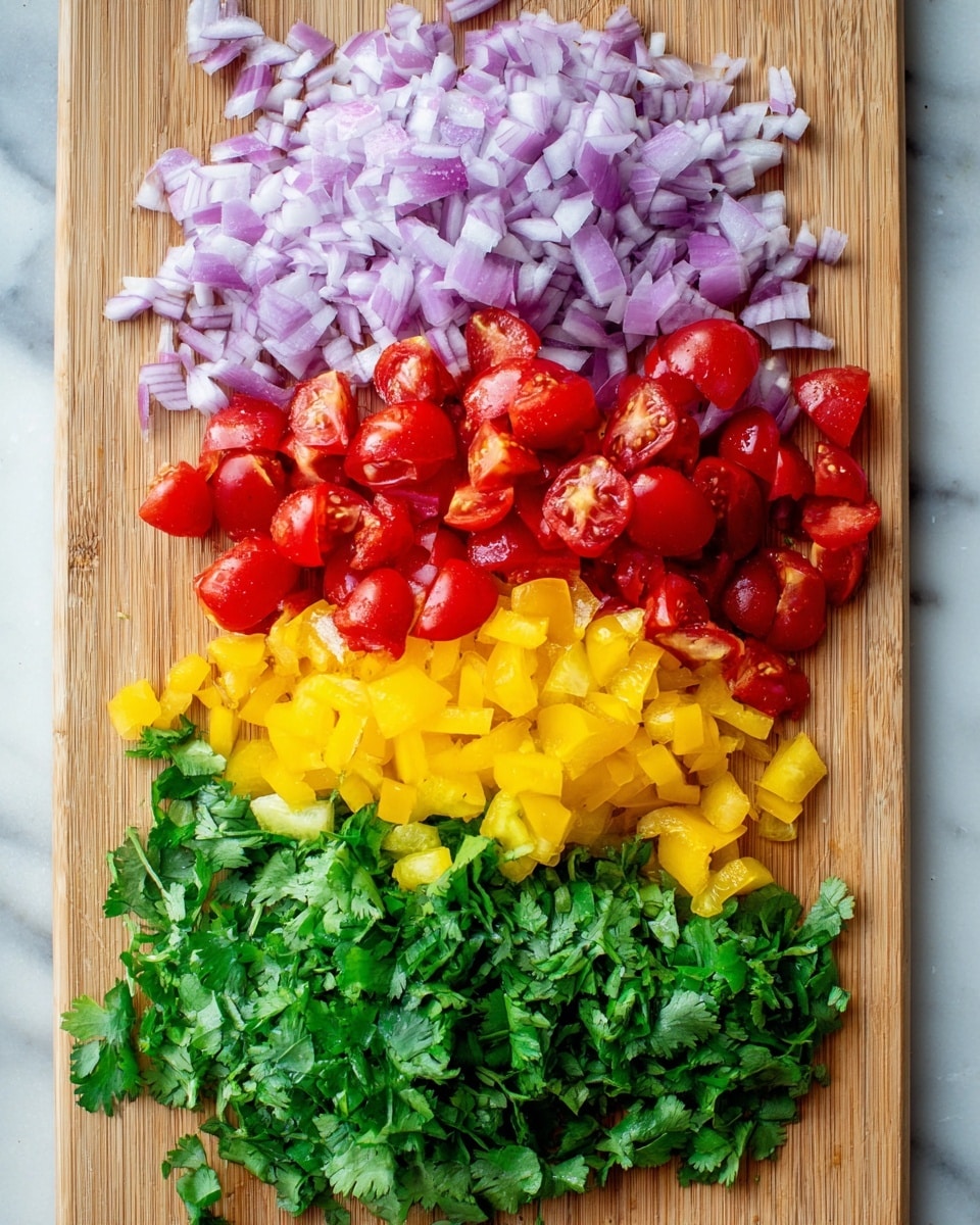 The image shows four layers of chopped ingredients placed on a wooden board with a white marbled texture background. At the top is a layer of finely chopped purple onion, showing a mixture of light purple and white with crunchy texture. Below it, the second layer is made of halved red cherry tomatoes, showing glossy, wet interiors with visible seeds. Beneath the tomatoes, the third layer consists of small, finely diced bright yellow bell pepper cubes, giving a shiny and crisp look. The bottom layer has fresh green cilantro leaves, loosely piled with a soft and leafy texture. Photo taken with an iphone --ar 4:5 --v 7