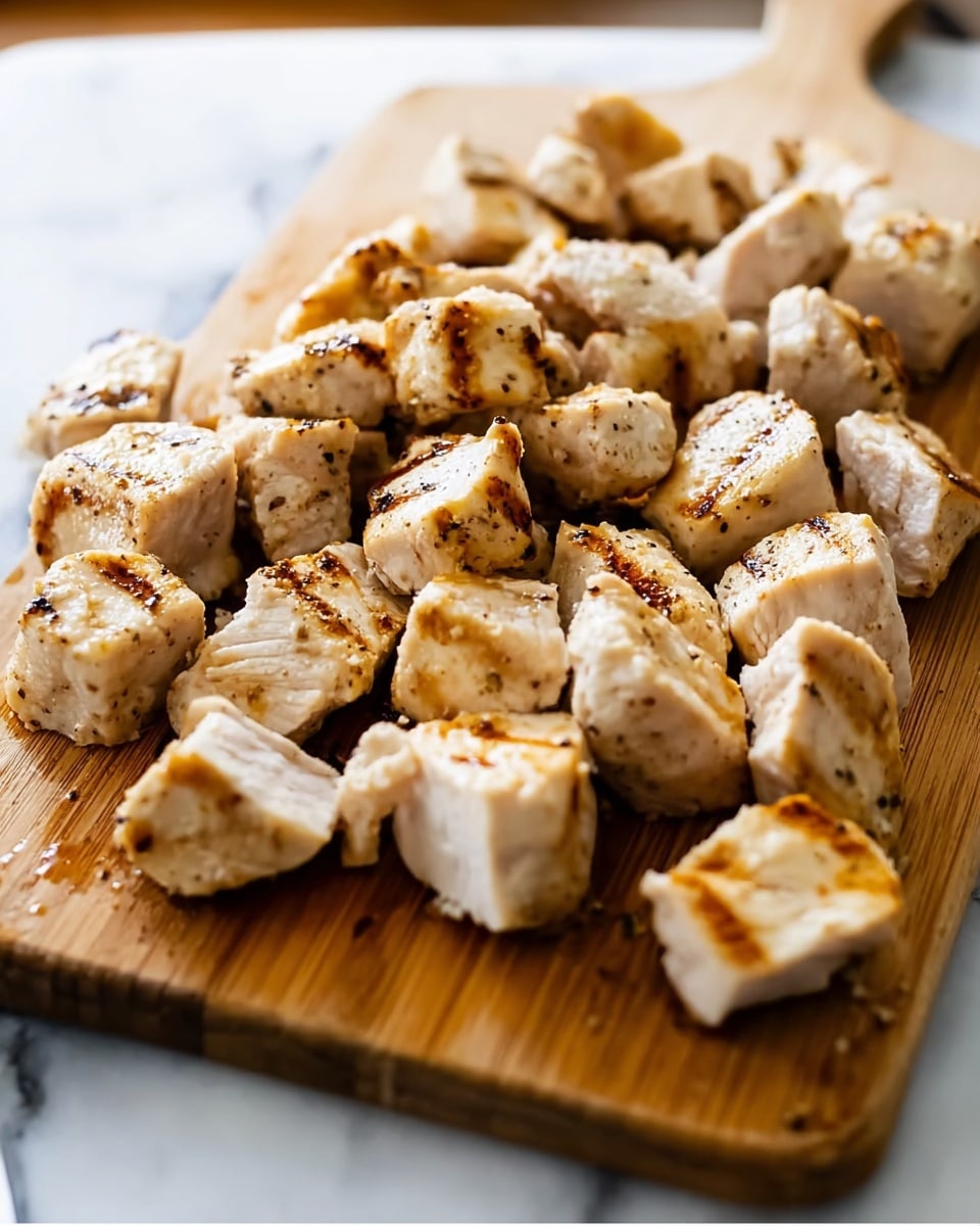 The image shows many pieces of cooked, beige-colored chicken with light brown grill marks scattered across a wooden cutting board. The chicken chunks have a slightly rough and juicy texture, some with seasoning visible on top. The cutting board is rectangular with rounded edges, and it rests on a white marbled surface. The lighting is bright and natural, highlighting the moisture and texture of the chicken pieces. photo taken with an iphone --ar 4:5 --v 7