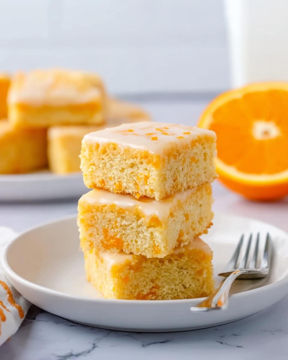 A stack of three square orange-flavored cake bars with a light orange glaze sits on a white plate, showing moist, soft texture with small bits of orange zest inside. A silver fork rests beside the stack on the plate. Behind the plate, there is another white plate filled with more cake bars, and a half orange with the bright orange inside visible is placed in the background on a white marbled surface. The scene is bright and fresh. photo taken with an iphone --ar 4:5 --v 7