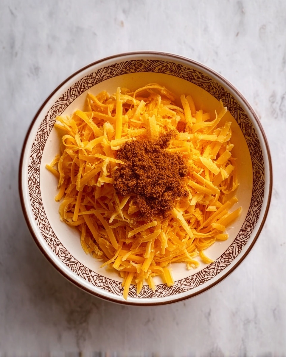 A white bowl with a brown patterned rim is filled with two layers of shredded cheddar cheese, both bright orange and textured with thin strands, and a small pile of brown powder spice placed in the center on top of the cheese layers, all set against a white marbled surface photo taken with an iphone --ar 4:5 --v 7