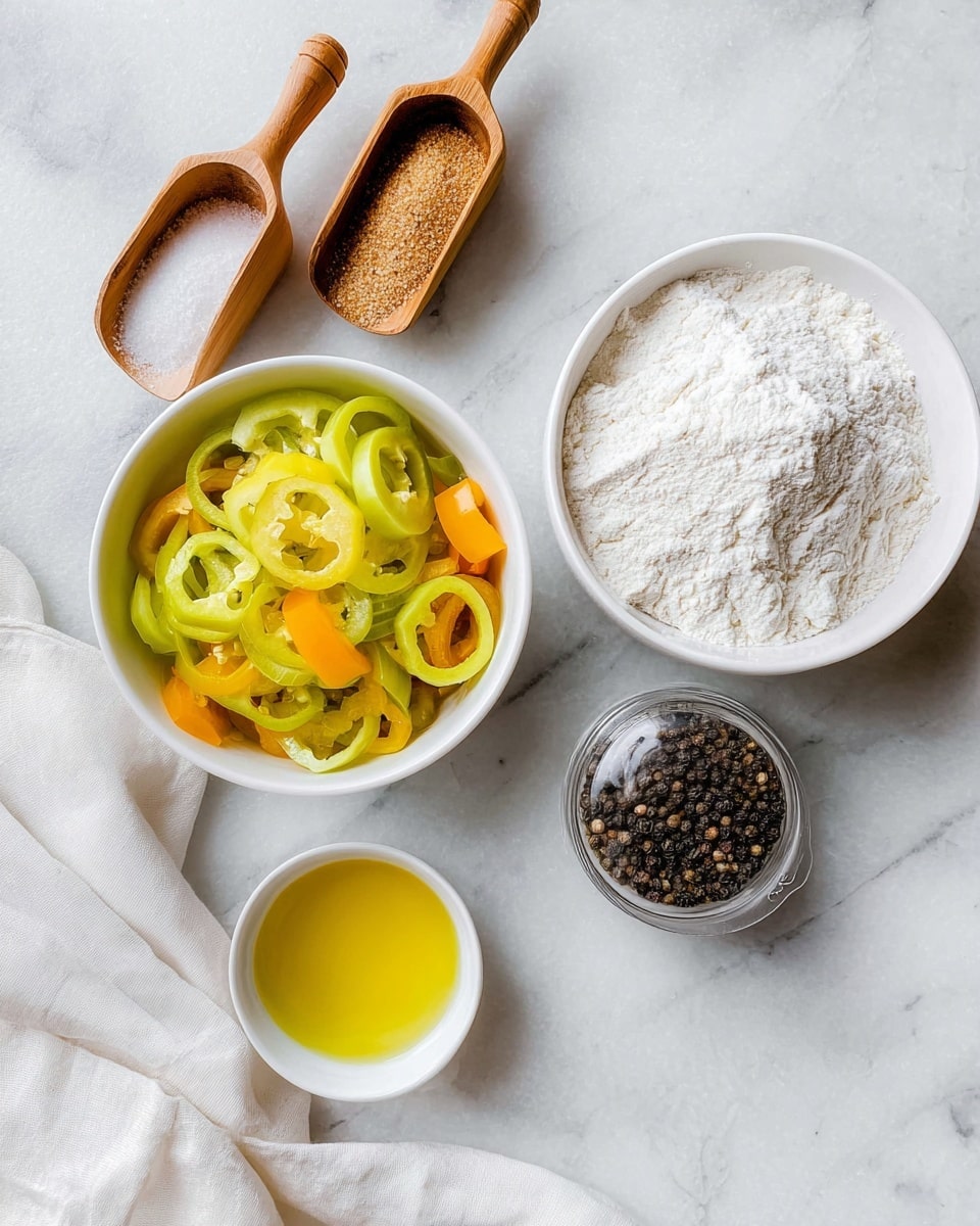 The image shows five ingredients arranged on a white marbled surface. In the center, there is a white bowl filled with light green and yellow ring-shaped pepper slices, with some orange slices mixed inside. Above it to the right is another white bowl filled with white flour that looks soft and powdery. Above and to the left are two small wooden scoops, one with light brown granulated seasoning and the other with white salt crystals. Below the bowl of peppers is a small white cup filled with light yellow oil. To the right of the oil cup is a transparent glass pepper grinder filled with black peppercorns. A soft white cloth is placed around the corners of the surface. photo taken with an iphone --ar 4:5 --v 7