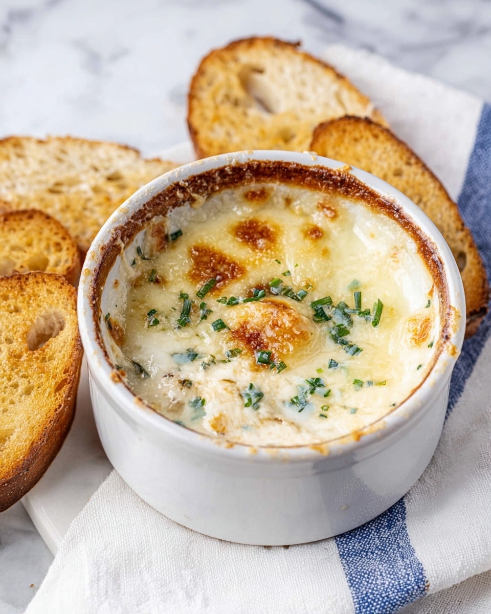 A white ramekin filled with a baked dish showing two layers: a melted cheese top layer with light brown spots and small green herb pieces sprinkled on it, beneath which a creamy white sauce is visible; the ramekin has a brown rim and sits on a white marbled surface, surrounded by toasted bread slices and a white cloth with a blue stripe. Photo taken with an iphone --ar 4:5 --v 7