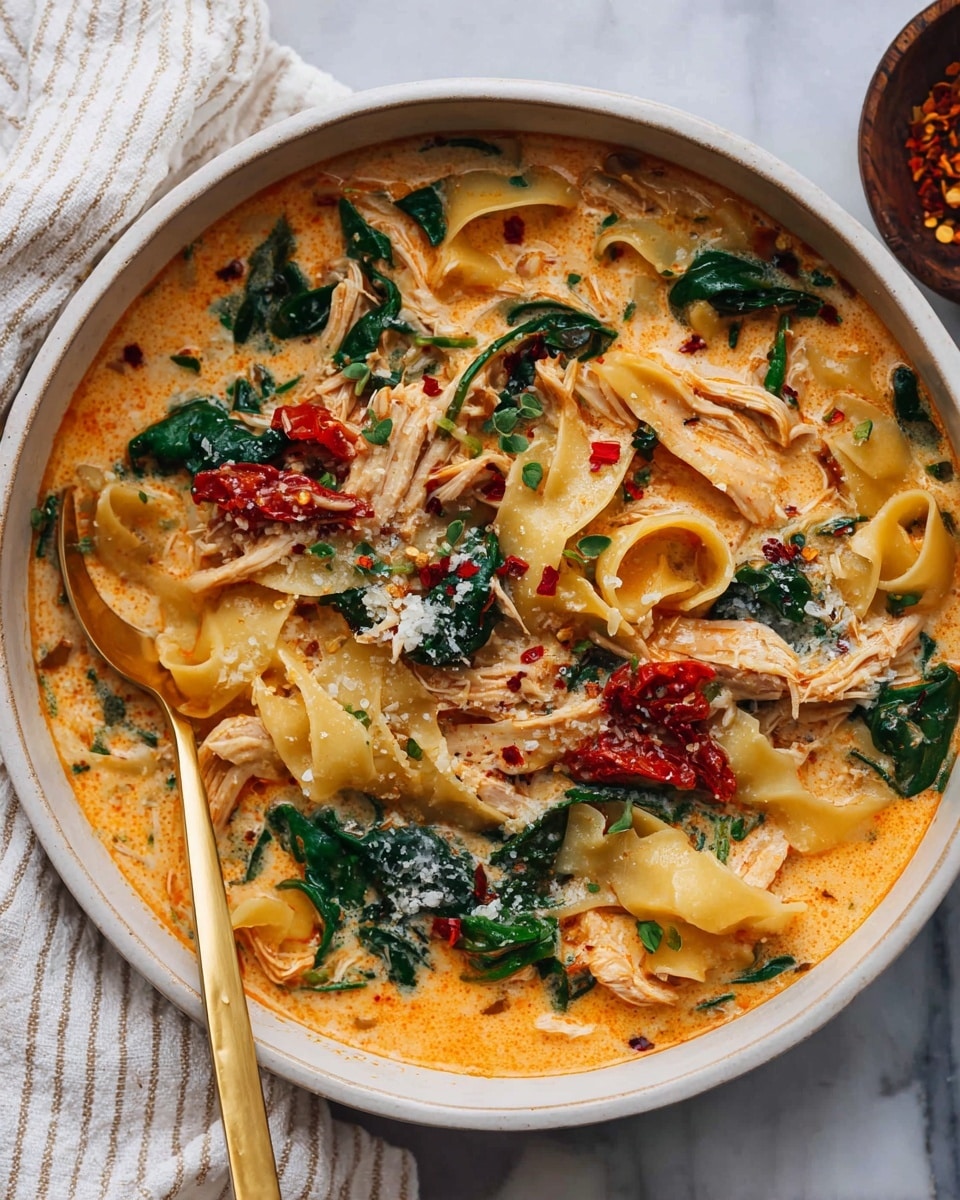 A close-up of a white bowl filled with creamy orange soup with wide, flat pasta noodles scattered throughout, mixed with shredded white chicken pieces and wilted dark green spinach leaves. Sun-dried bright red tomato chunks add bursts of color on top, sprinkled with small red chili flakes and white grated cheese. A gold spoon is placed inside the bowl, resting on the noodles and spinach. The bowl sits on a soft white marbled surface with a white and beige striped cloth beside it. Photo taken with an iphone --ar 4:5 --v 7