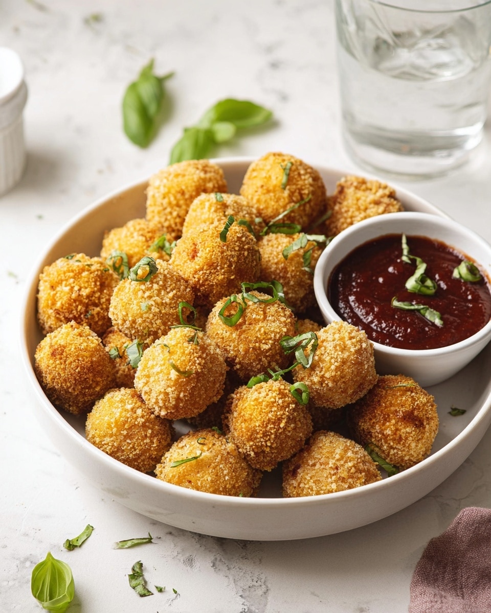 A white bowl filled with many small round golden brown crispy balls, each coated with a crunchy textured layer and scattered with small green basil leaves on top and among them. On the right side inside the bowl, there is a small white bowl filled with thick dark red sauce garnished with thinly sliced green basil. The bowl sits on a white marbled surface, with scattered fresh green basil leaves around it and a clear glass of water in the background. Photo taken with an iphone --ar 4:5 --v 7