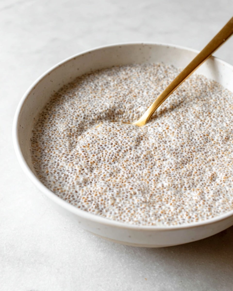 A close-up of a white bowl filled with chia pudding made of tiny, evenly spread chia seeds soaked in a creamy light beige mixture. The texture is soft and slightly bumpy, showing the swollen seeds throughout. A shiny gold spoon is placed inside the bowl, partially resting in the pudding. The bowl sits on a white marbled surface, with the focus on the pudding's detailed texture photo taken with an iphone --ar 4:5 --v 7