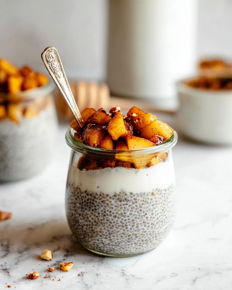 A small glass jar filled with three layers: the bottom layer is smooth white yogurt, the middle layer is thick chia pudding with tiny black seeds spread evenly, and the top layer is a chunky topping of warm, golden-brown cooked apples mixed with cinnamon and small bits of nuts. A vintage silver spoon is placed inside the jar, slightly leaning on the apple topping. The jar sits on a white marbled surface with some scattered small nut pieces and honey drip tool nearby. The background is softly blurred with another jar and a tall white container visible. Photo taken with an iphone --ar 4:5 --v 7