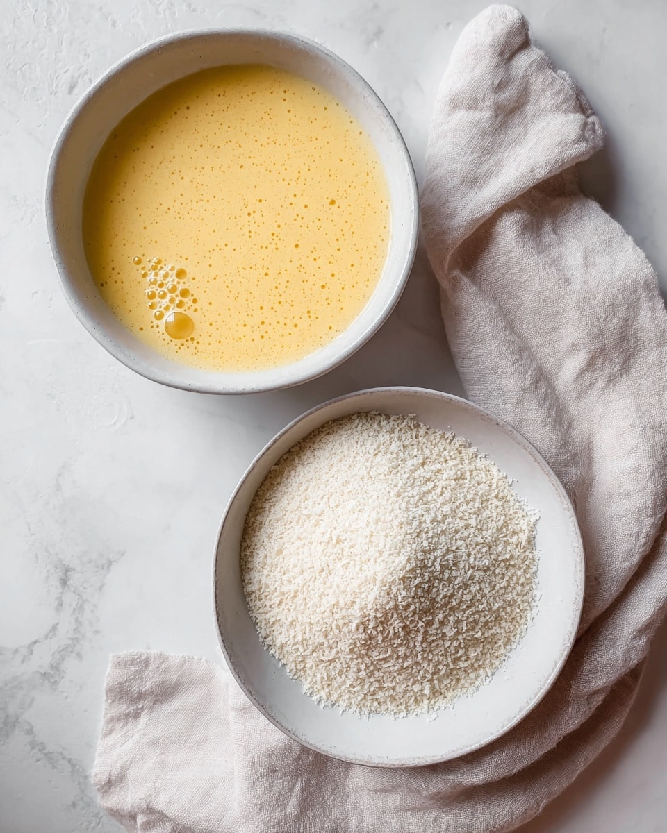 This image shows two white bowls on a white marbled surface. The bowl on the left holds a smooth, yellow mixture that looks like beaten eggs, with some bubbles on the surface. The bowl on the right contains white, crispy panko breadcrumbs with a grainy texture, piled slightly in the center. A soft, light beige cloth is gently placed between and around the bowls. The photo has natural light and clear details. photo taken with an iphone --ar 4:5 --v 7