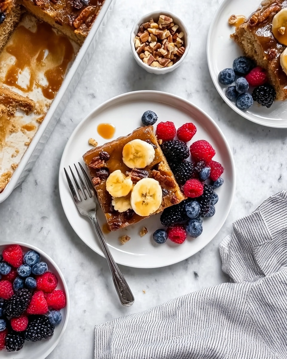 The image shows a white plate with a rectangular slice of banana nut dessert in the center, topped with banana slices and a caramel-like glaze with small nut pieces. On the right side of the slice, there is a small pile of fresh mixed berries, including blueberries, raspberries, and blackberries, along with banana slices. A silver fork is placed on the left side of the plate. Around the plate, there are additional dishes including a white baking dish filled with more banana nut dessert in the upper left, a small white bowl with chopped nuts near the top right, and another white plate with more mixed berries on the right side. The surface underneath everything is a white marbled texture. A striped gray cloth is partially visible near the bottom right of the plate. photo taken with an iphone --ar 4:5 --v 7