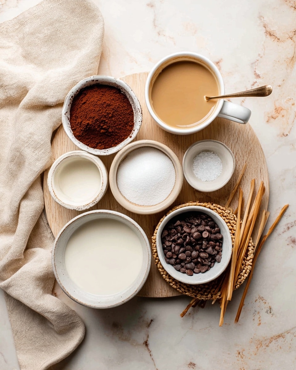 The image shows several small white bowls and cups arranged on a light wooden board over a white marbled surface. There is a bowl filled with cocoa powder at the top left, a cup of coffee with a light brown surface at the top right, a bowl filled with white sugar below the coffee, and a bowl of milk at the bottom. A small white bowl with salt is near the center. To the bottom right, there is a white bowl with brown chocolate chips inside, placed on a woven coaster. Next to the coffee cup are several wooden sticks, and to the left side of the board is a folded beige cloth. Photo taken with an iphone --ar 4:5 --v 7