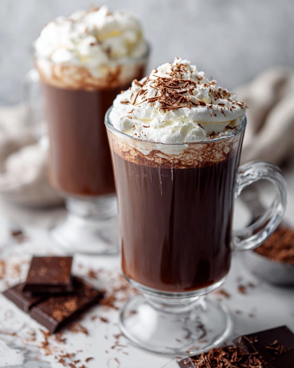 Two tall clear glass mugs are filled with dark brown hot chocolate. Each mug has a thick layer of white whipped cream on top, sprinkled with small shavings of dark chocolate. The mugs are placed on a surface with a white marbled texture, scattered with pieces of chocolate and chocolate shavings. The background includes a blurred second mug of hot chocolate. Photo taken with an iphone --ar 4:5 --v 7