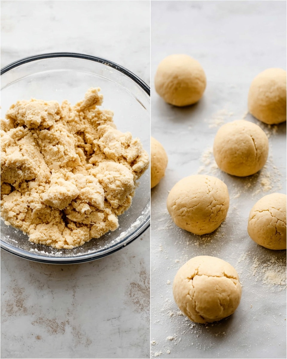 The image shows two side-by-side scenes of dough preparation. On the left, there is a clear glass bowl filled with rough, pale beige dough that looks soft and slightly crumbly. The bowl sits on a white marbled surface. On the right, several smooth, round dough balls of the same pale beige color are placed spaced apart on the white marbled surface, showing a soft texture and some small cracks. The lighting is bright, highlighting the texture of both the dough in the bowl and the dough balls. photo taken with an iphone --ar 4:5 --v 7