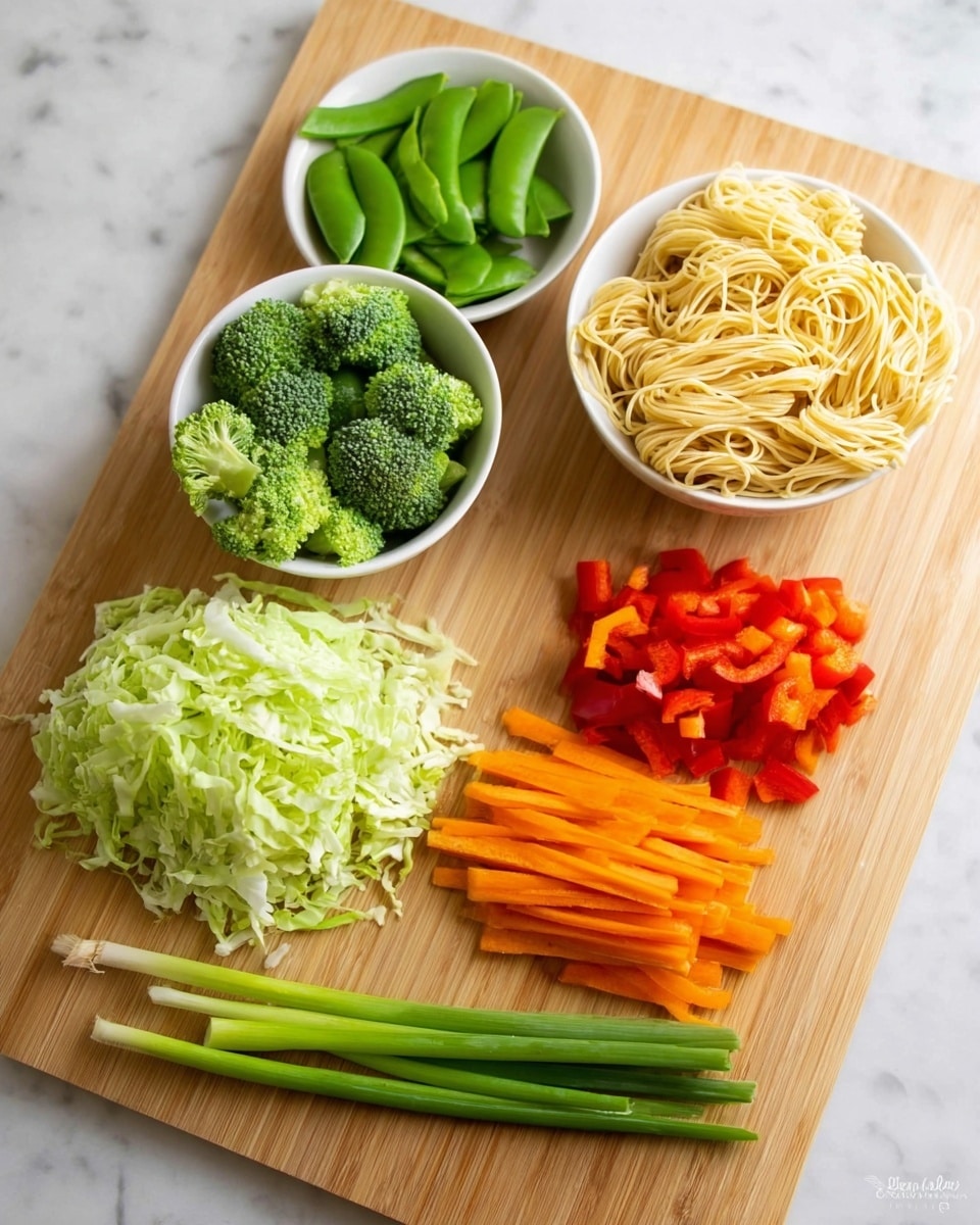 A wooden board holds six groups of fresh, raw vegetables and noodles arranged neatly: on the left side, shredded green cabbage forms the bottom layer with a quarter wedge of cabbage above it; above that, a white bowl filled with bright green broccoli florets; next to the broccoli to the left is another white bowl with green snap peas. On the right side of the board, at the top, there is a pile of light yellow uncooked noodles. Below the noodles, a group of thin, orange carrot sticks is stacked. Under the carrots, three long green onion stalks lie side by side, and at the bottom right corner, bright red and orange chopped bell peppers sit in small pieces. The whole scene is set on a white marbled surface. photo taken with an iphone --ar 4:5 --v 7