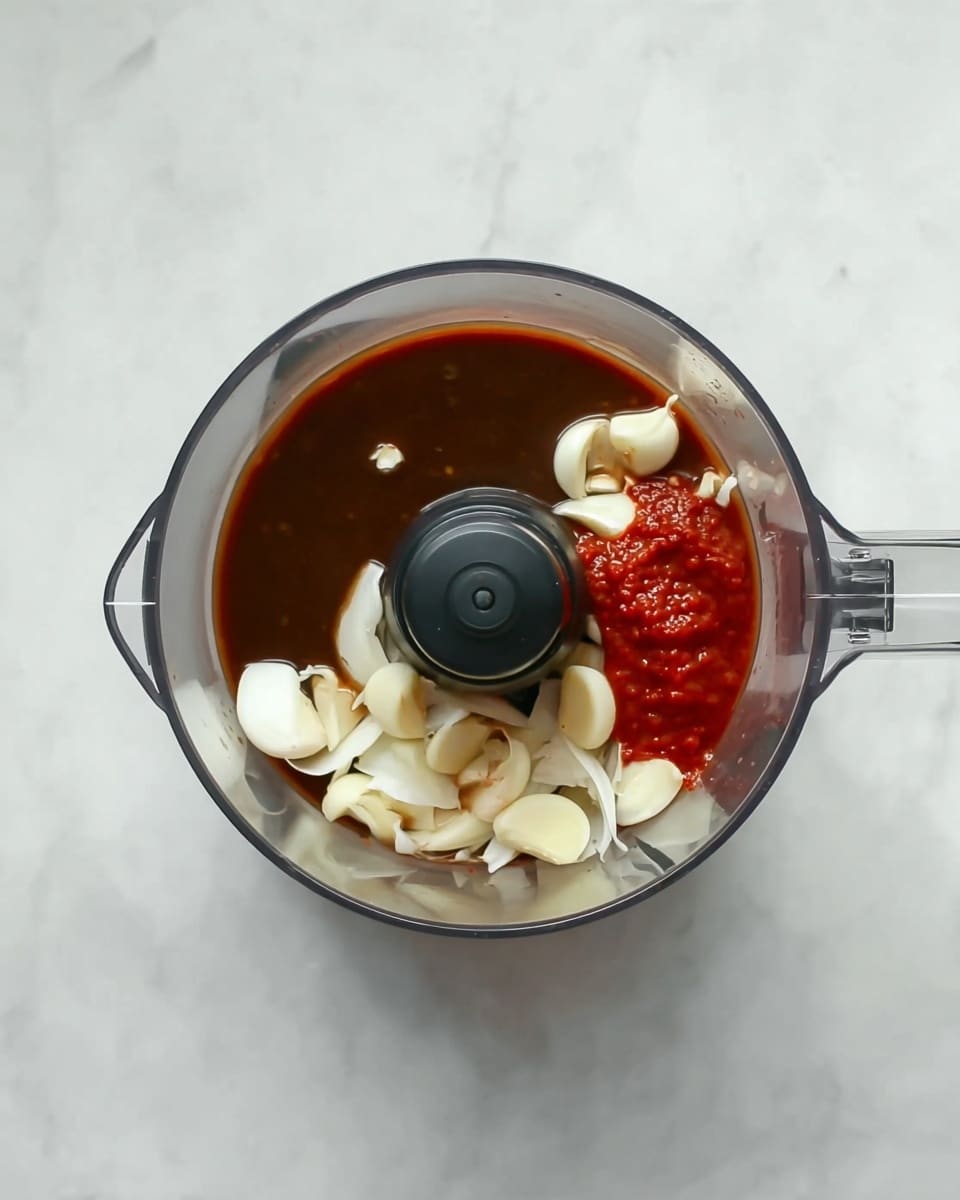 The image shows a top view of a clear food processor bowl placed on a white marbled surface. Inside the bowl, there are four layers of ingredients: at the bottom, a dark brown liquid covers most of the base; on one side, bright red sauce is added, forming a small cluster; near it, several white garlic cloves are scattered, contrasting with the dark liquid; lastly, a few white onion pieces are also seen sitting partially in the liquid. The blades of the food processor are visible in the center. photo taken with an iphone --ar 4:5 --v 7