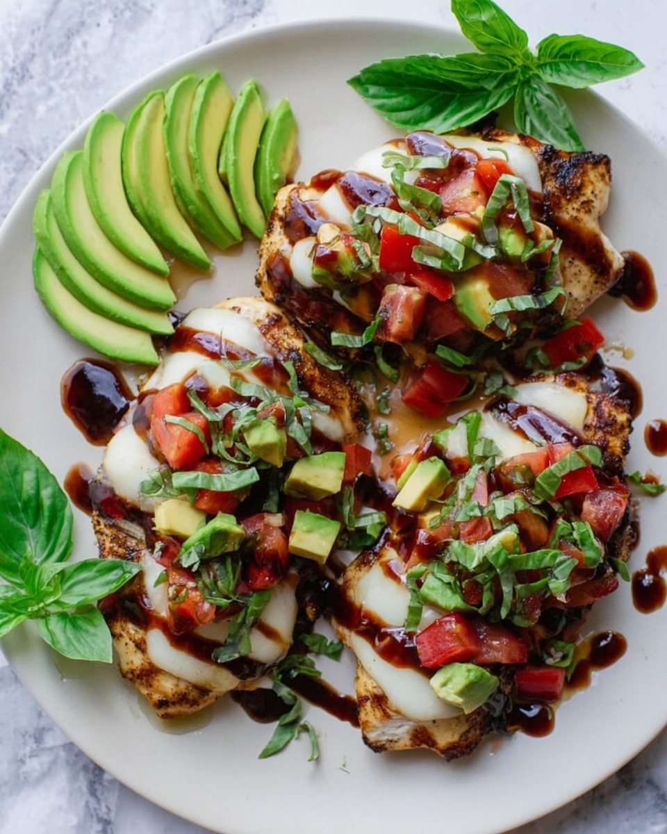 A black round grill pan holds five grilled chicken pieces layered with fresh toppings. Each piece has a base of dark golden-brown grilled chicken with slight char marks, topped with a smooth white slice of melted cheese. On top of the cheese, there is a layer of chopped red tomatoes mixed with avocado chunks and thin strips of green basil leaves. Some pieces have extra slices of bright green avocado placed on the side or beneath the toppings. Dark brown sauce is drizzled over the chicken and toppings. On the white marbled surface near the pan, there are fresh green basil leaves for decoration. photo taken with an iphone --ar 4:5 --v 7