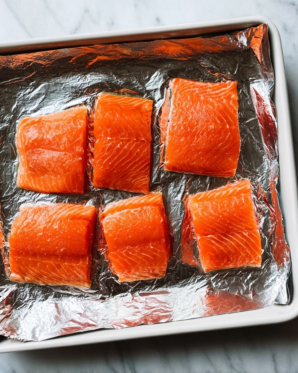 Four pieces of bright orange raw salmon with a slightly shiny texture are placed flat on a sheet of crinkled silver foil inside a white baking dish. The salmon pieces are different shapes but all rectangular, with visible lines and soft edges. The foil covers the bottom of the dish, creating a reflective surface beneath the salmon. The background is a white marbled texture. Photo taken with an iphone --ar 4:5 --v 7