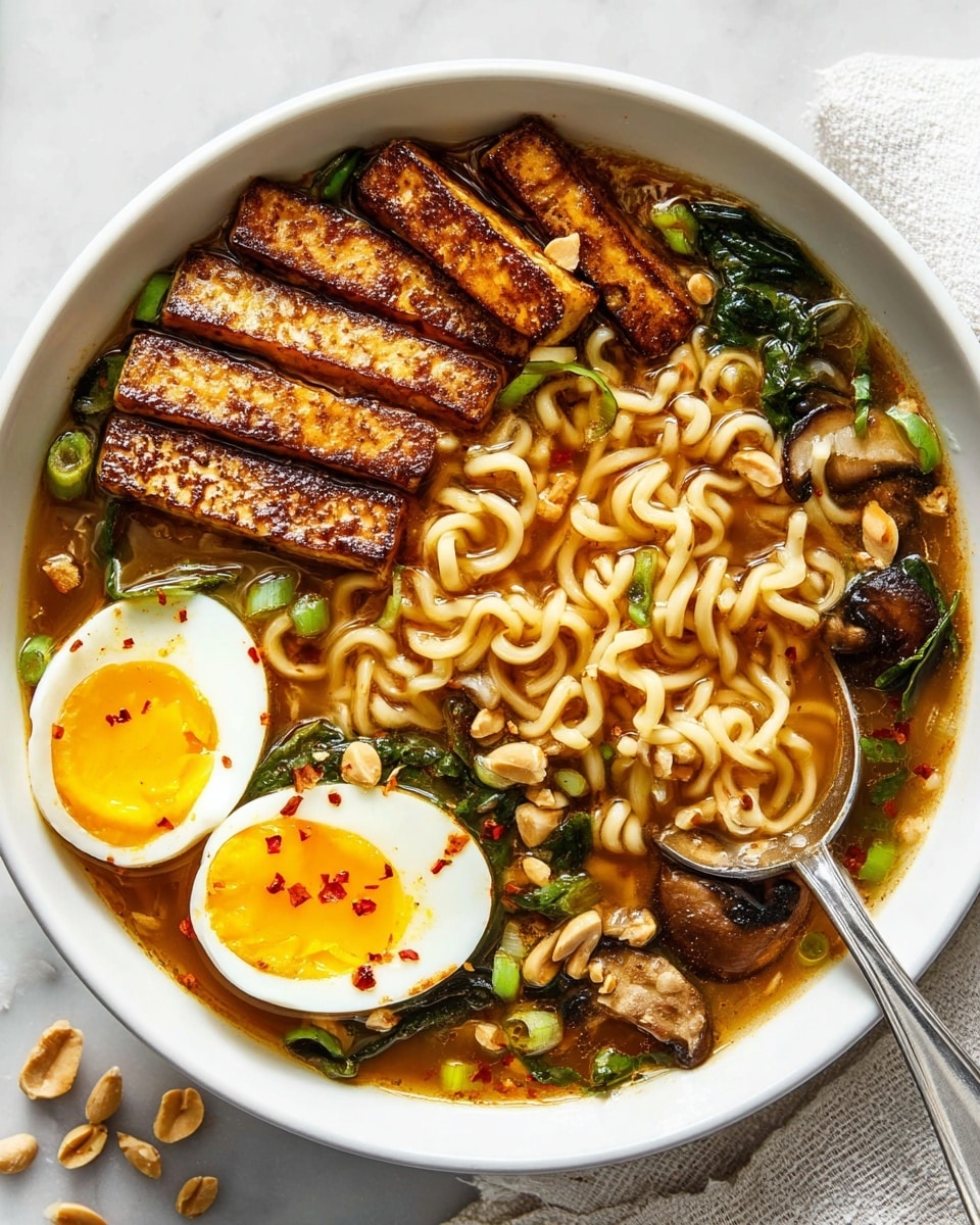 A white bowl filled with light brown broth holding curly noodles that fill most of the bowl. On one side are five strips of browned tofu topped with small peanut pieces. Near the tofu, there are two halves of a soft-boiled egg with bright yellow yolks and white edges sprinkled with red chili flakes. Scattered green onion pieces and dark green leafy vegetables float among slices of browned mushrooms around the noodles. A silver spoon is partially inside the bowl, holding some noodles, resting on the right edge. The bowl sits on a white marbled surface with a white cloth napkin beside it and a few peanut pieces scattered nearby. Photo taken with an iphone --ar 4:5 --v 7