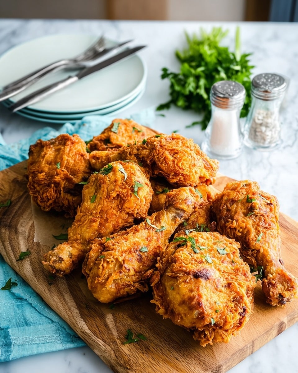 The image shows a wooden board on a white marbled surface filled with several pieces of crispy fried chicken. There are different parts of chicken arranged, including drumsticks and large pieces of chicken with a golden-brown, crunchy coating. The fried chicken is sprinkled lightly with small green herbs. Behind the board, there are forks and knives, two white plates stacked, a bunch of green parsley, and a light blue napkin. There are also clear glass salt and pepper shakers partly in view. The photo taken with an iphone --ar 4:5 --v 7
