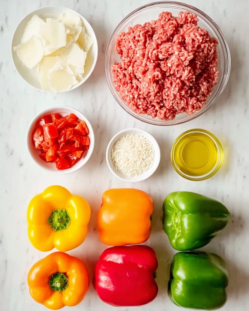A top-down view of ingredients laid out on a white marbled surface: a clear glass bowl filled with raw ground meat showing pink and red textures, a small white bowl with thin white discs stacked, a small glass bowl of bright red diced tomatoes, a small glass bowl of yellowish oil, a small white bowl filled with uncooked white rice, and a group of colorful whole bell peppers arranged below, including two yellow, one green, two red, and one orange pepper. The ingredients are organized neatly, showing clear colors and textures. Photo taken with an iphone --ar 4:5 --v 7