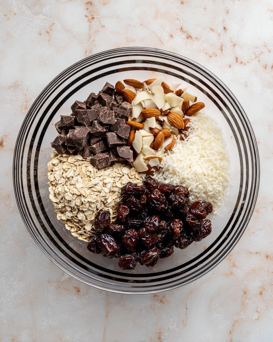 A clear glass bowl with black stripes holds five separate layers of ingredients arranged side by side inside. Starting from the left, there is a layer of dark brown chocolate pieces, next to it thin light brown almond slices, followed by small white coconut flakes. Below these are creamy white rolled oats and chunky, shiny dark brown dates. The bowl sits on a white marbled surface. photo taken with an iphone --ar 4:5 --v 7