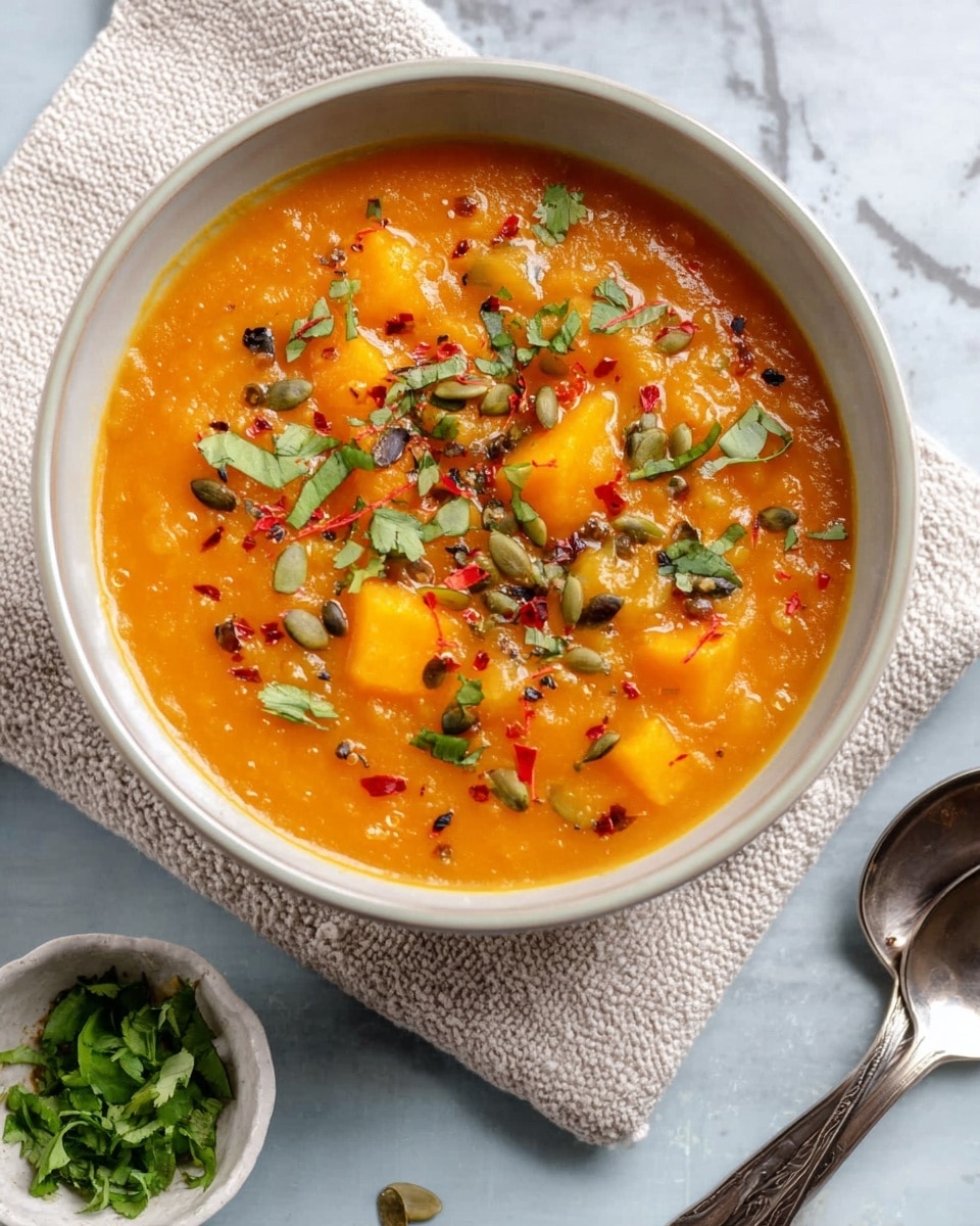 A white bowl filled with a thick orange soup showing chunks of yellow-orange vegetables, likely squash, mixed with a smooth textured base. The soup is topped with green chopped herbs, a few pumpkin seeds, red chili flakes, and thin strips of yellow zest, all spread evenly on top. The bowl rests on a light-colored knitted cloth on a white marbled surface. Nearby, there is a small white bowl holding more green herbs and two metal spoons placed next to the main bowl. Photo taken with an iphone --ar 4:5 --v 7