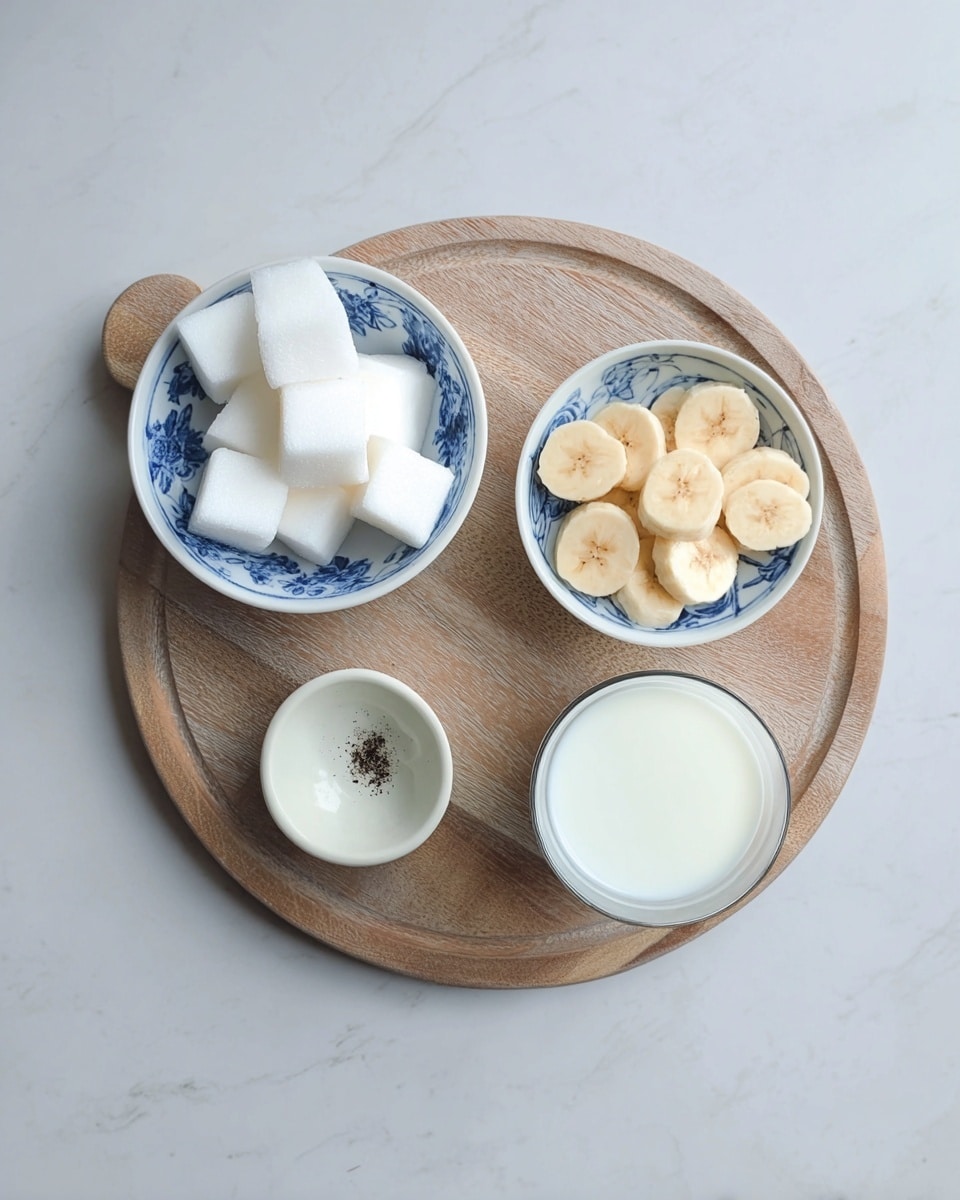 A round wooden board holds four containers against a white marbled background: a white bowl with blue patterns on the rim filled with six white ice cubes, placed at the top left; another white bowl with blue patterns on the rim filled with sliced banana pieces, positioned to the right of the ice; a small plain white bowl with a few black specks, located bottom left; and a clear glass filled with a white liquid, placed bottom right. The setup is neat and minimal. photo taken with an iphone --ar 4:5 --v 7