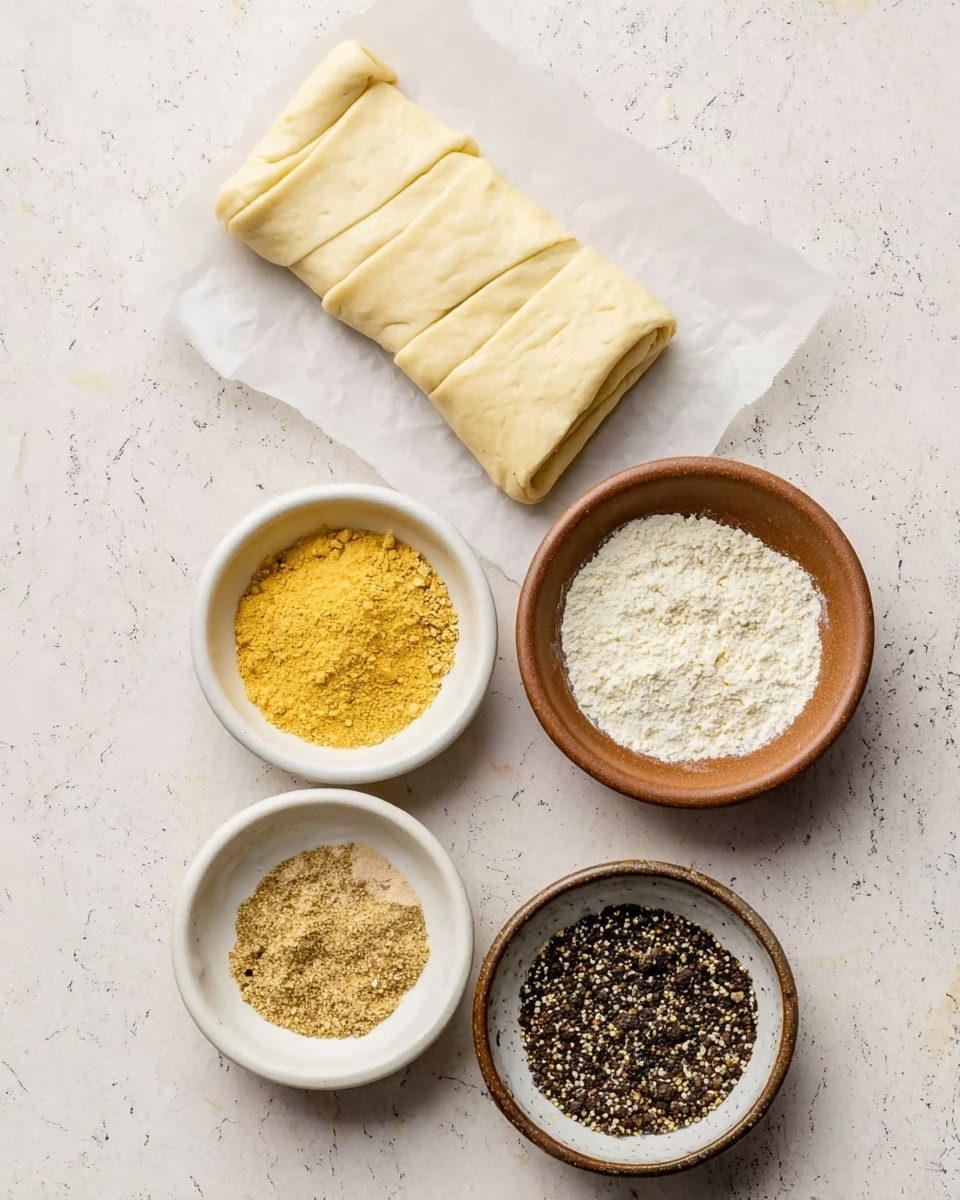 The image shows a white marbled surface with five small white and brown bowls arranged in a semicircle at the bottom. Each bowl contains a different powdered ingredient with colors ranging from pale yellow to brown, beige, and black-and-white pepper mix. Above the bowls, there is a rectangular sheet of pale yellow dough resting on white parchment paper. The dough has soft folds and a smooth texture, positioned diagonally across the top right of the image. photo taken with an iphone --ar 4:5 --v 7