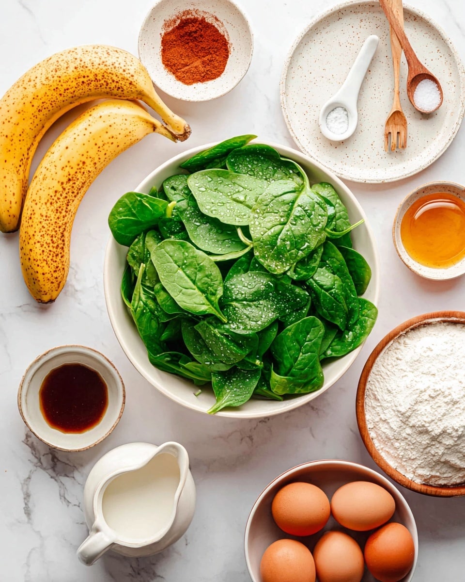 The image shows a white bowl full of fresh, bright green spinach leaves with water drops on them, placed at the center on a white marbled surface. To the left of the bowl, there are two ripe yellow bananas with brown spots on their skin. Above the bowl, there is a small white bowl filled with a reddish-brown powdered spice and next to it, a white speckled plate holding two white measuring spoons, one with salt and the other with vanilla extract, and a small white speckled cup filled with golden honey. On the right side, there is a white speckled bowl with two brown eggs and below it, a reddish-brown bowl filled with white flour and a wooden spoon inside. Below the spinach bowl, there is a small white speckled jug containing milk, and next to it is a small white speckled cup with dark liquid, likely vanilla or syrup. The white marbled background adds a clean and fresh look to the setup. Photo taken with an iphone --ar 4:5 --v 7