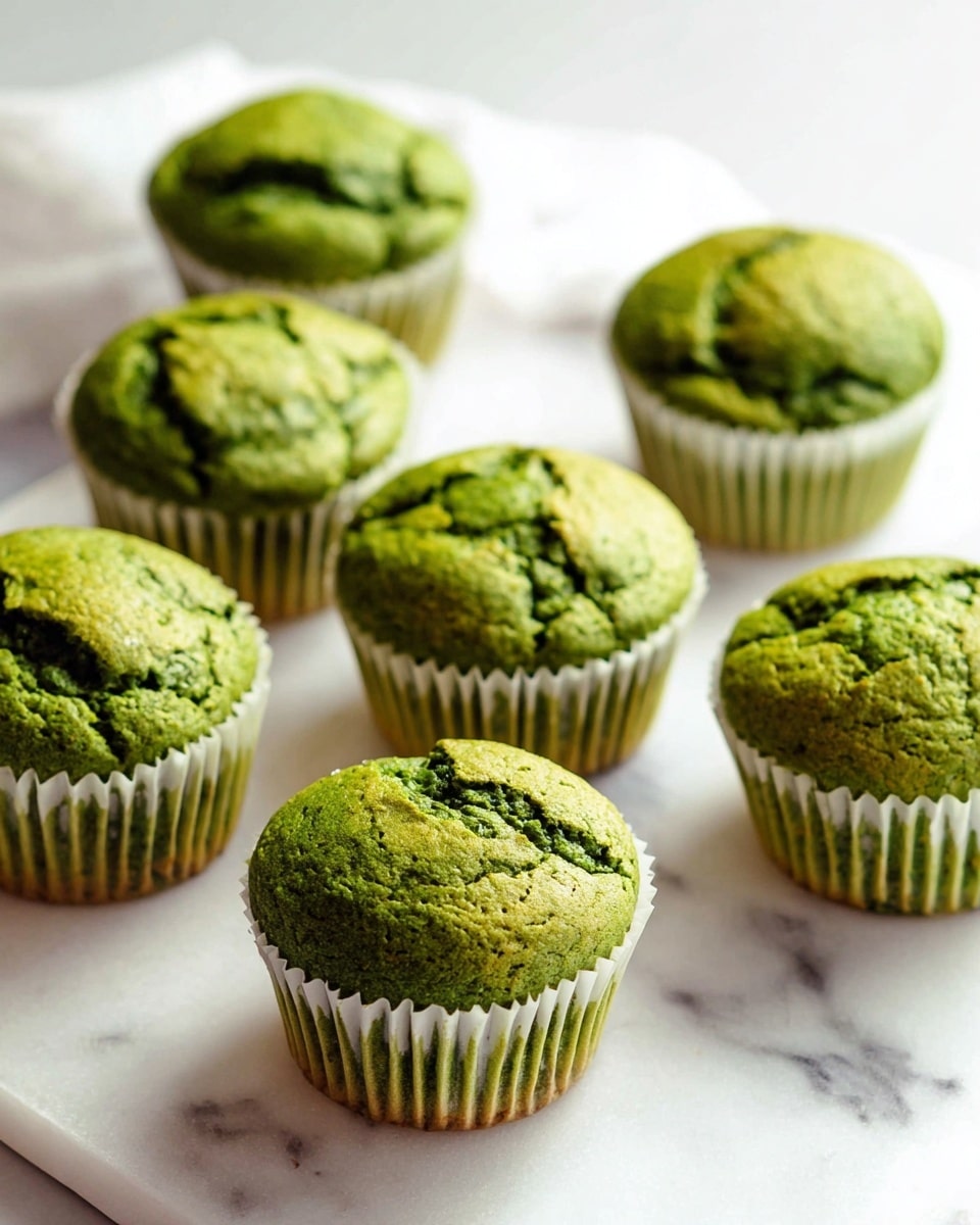 The image shows seven green muffins with a cracked, rough texture on top, placed in white paper liners. They are arranged on a white marbled surface, with soft lighting making the green color stand out. The muffins have a tall, puffed shape with uneven tops, showing a fresh, baked look. Photo taken with an iphone --ar 4:5 --v 7