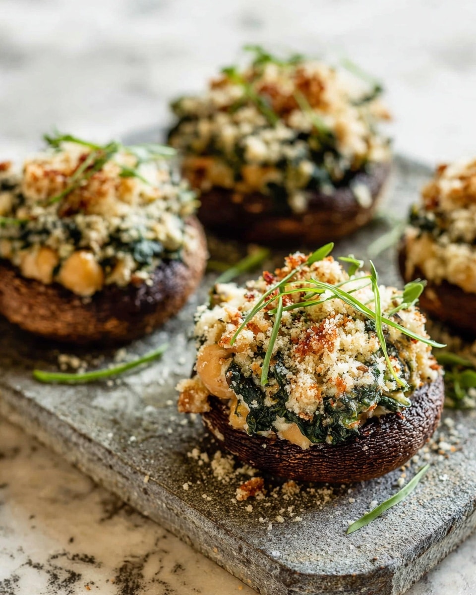 Four stuffed mushrooms sit on a rustic gray stone tray placed on a white marbled surface. Each mushroom has a dark brown base with a textured cap, filled with a creamy mixture of light beige chickpeas and wilted dark green spinach. The filling is topped with a crumbly layer of pale grated cheese and small bits of reddish-brown seasoning. Thin strips of fresh green herbs are scattered on top and around the mushrooms, adding a fresh touch. The overall look is hearty and rustic with a mix of soft and crumbly textures. photo taken with an iphone --ar 4:5 --v 7
