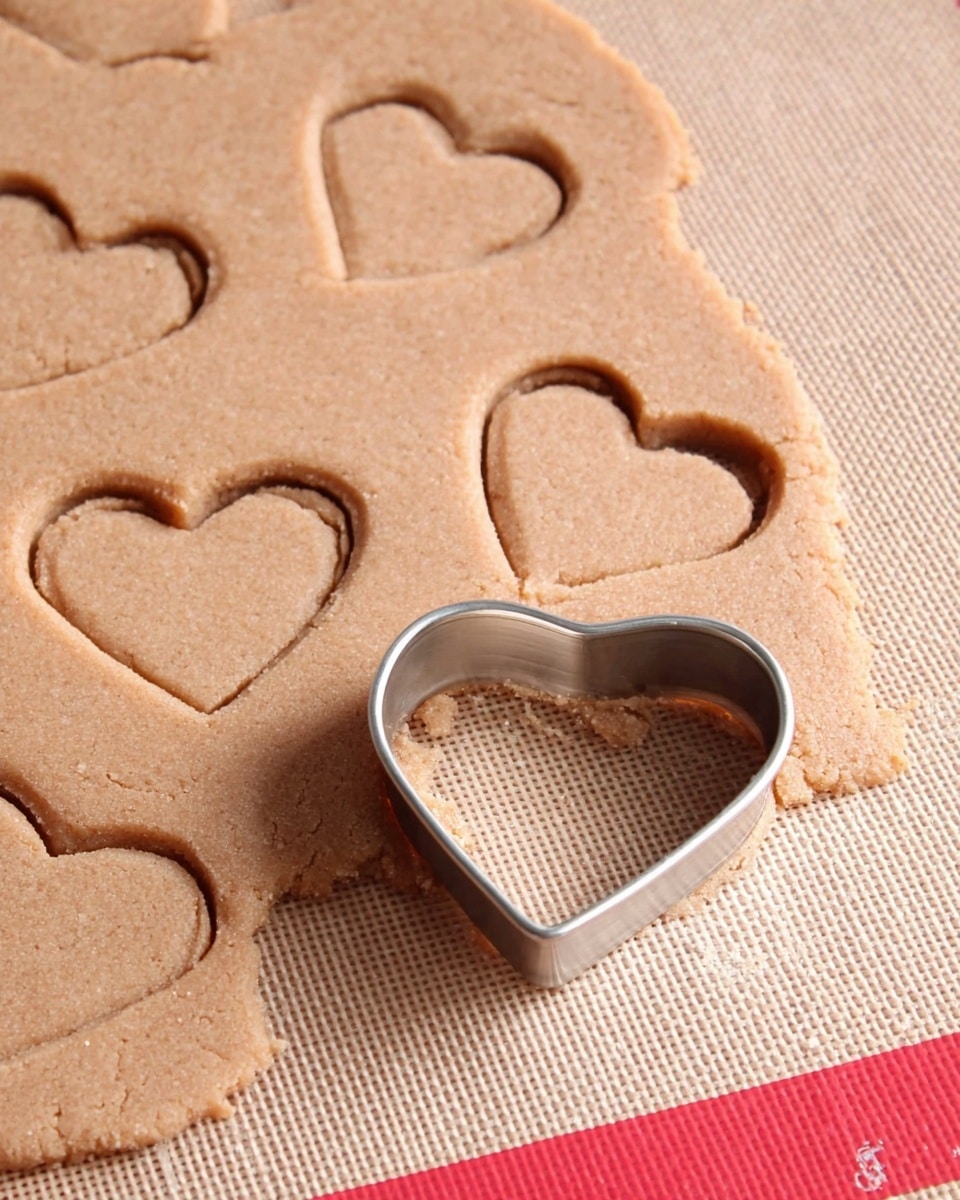 A flat light brown dough sheet is laid out on a beige silicone mat with a red border. There are six heart shapes cut out of the dough in the top left area, with a metal heart-shaped cookie cutter pressing into the dough on the right side. The dough texture is smooth with a slight graininess, and the cuts are clear and sharp. The whole scene shows the dough sheet spread thinly and evenly on the mat, ready for more heart shapes to be cut. photo taken with an iphone --ar 4:5 --v 7