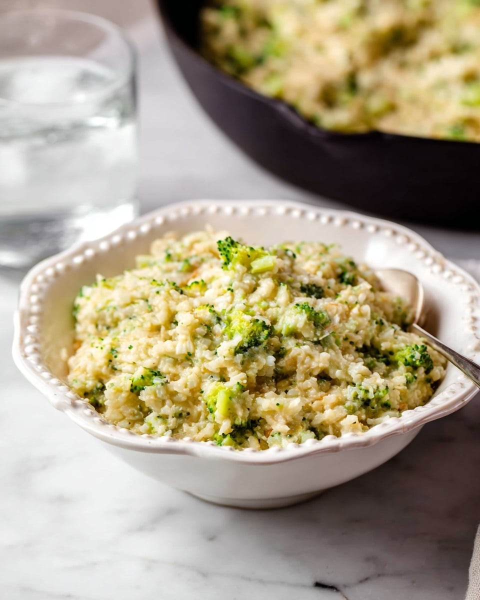 A close-up view of a white bowl with ornate edges filled with a creamy mixture made of small green and beige bits, likely broccoli and rice, with a soft texture and a uniform mix. The bowl is placed on a white marbled surface, slightly off-center in the image. In the background, there is a black pan filled with a similar mixture and a transparent glass of water, both slightly out of focus. The lighting is soft and natural, highlighting the colors and textures of the dish photo taken with an iphone --ar 4:5 --v 7