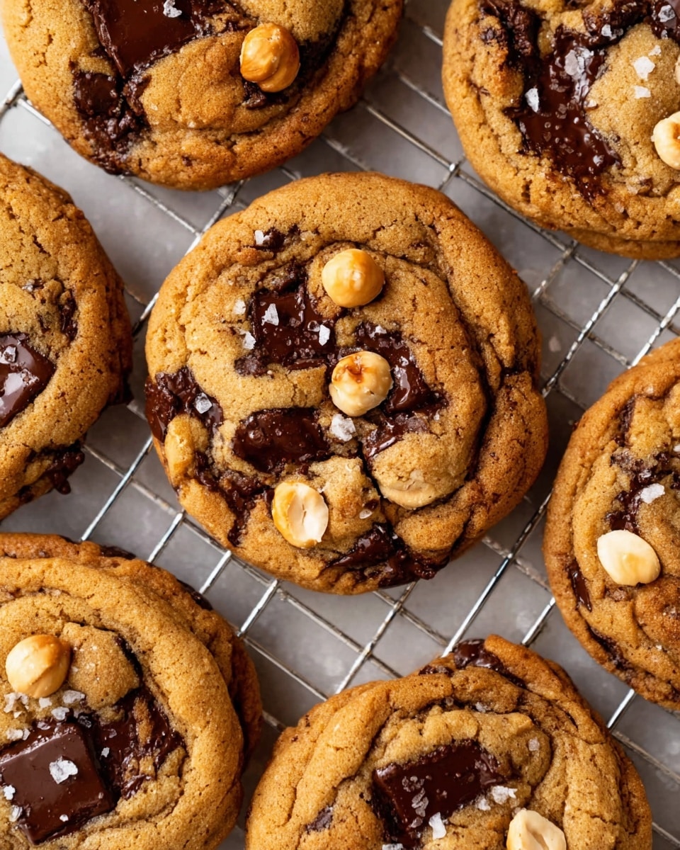The image shows several thick, golden brown cookies resting on a wire cooling rack above a white marbled surface. Each cookie is dotted with glossy, dark melted chocolate chunks embedded in the dough, creating uneven, rich, dark patches. On top of some cookies are whole, slightly toasted hazelnuts that add a light tan and brown contrast. A few cookies have a sprinkling of coarse sea salt, with small white crystals shining on the surface. The cookies have a slightly cracked, soft texture visible on their rounded edges and tops. photo taken with an iphone --ar 4:5 --v 7