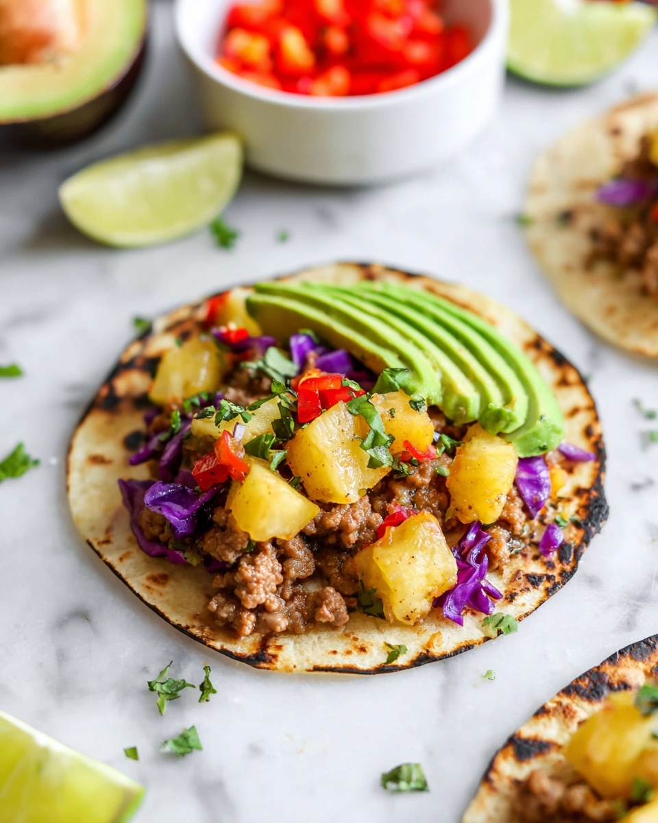 The image shows a small round taco with a slightly charred lightly toasted tortilla as the base, topped with a layer of cooked ground meat mixed with small chunks of yellow pineapple and finely chopped red bell peppers. There are thin slices of avocado fanned out on one side of the taco. Small pieces of purple cabbage and green herbs are scattered on top, adding more color and texture. The background is a white marbled surface, with a halved avocado, a white bowl of diced red bell peppers, and a lime wedge placed around the taco for decoration. photo taken with an iphone --ar 4:5 --v 7