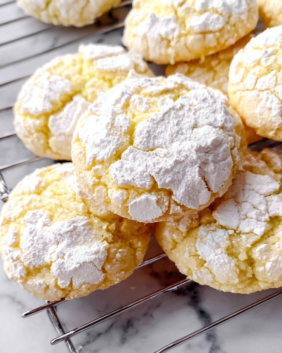Several soft, round cookies with a cracked surface are shown on a metal cooling rack. Each cookie has a pale yellow base with a thick layer of white powdered sugar cracked unevenly across the top, revealing the light golden dough underneath. The cookies are piled close together, and the metal rack lies on a white marbled surface. Photo taken with an iphone --ar 4:5 --v 7