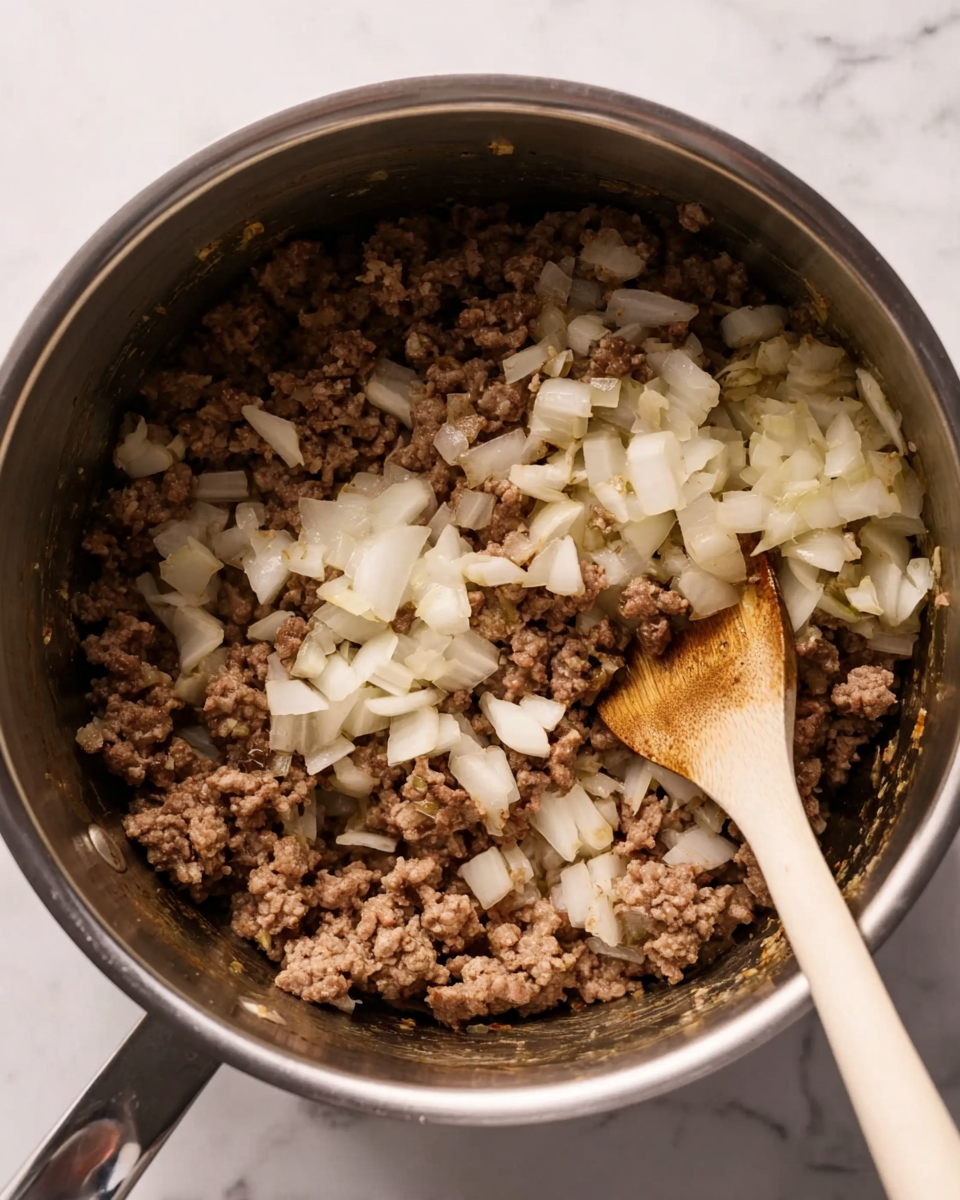 Inside a silver metal pot, cooked ground meat is mixed with chopped white onions. The meat looks brown and crumbly, while the onions are fresh and diced into small cubes. A wooden spoon with a smooth pale handle is partially visible on the right side, stirring the mixture. The pot rests on a white marbled surface, showing a modern cooking scene. photo taken with an iphone --ar 4:5 --v 7