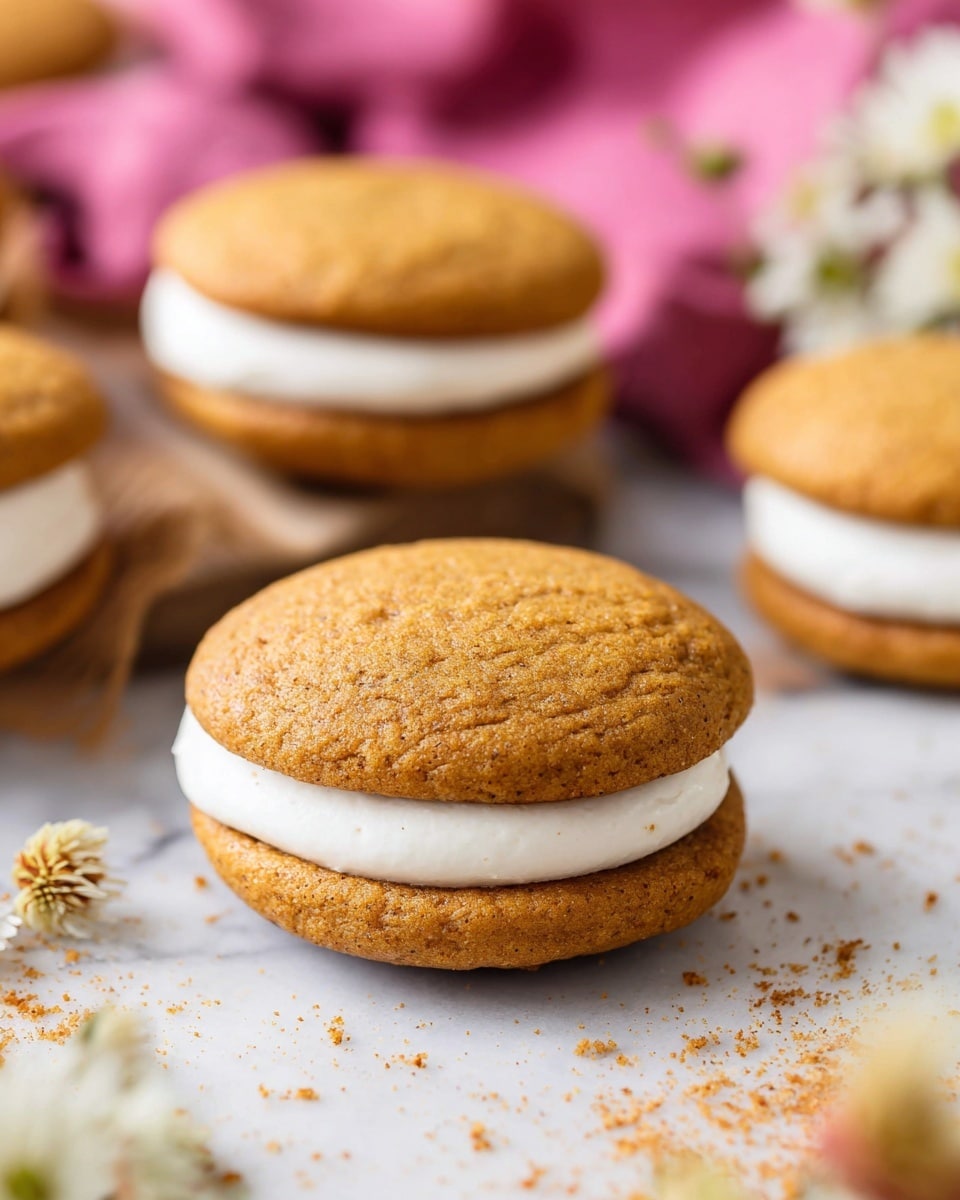 This image shows round sandwich cookies with two golden brown, soft-looking cookie layers and a thick, smooth white cream filling in the middle. The cookies have a slightly textured surface with tiny specks that hint at warm spices. They are placed on a white marbled surface with some scattered brown crumbs. In the blurred background, there is a bright pink cloth and small white flowers adding a soft touch. A few other cookies are partially visible, emphasizing the focus on the central cookie. photo taken with an iphone --ar 4:5 --v 7