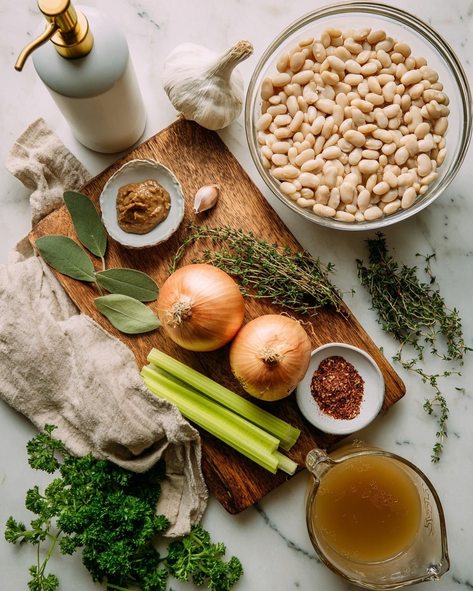 A wooden cutting board holds several cooking ingredients arranged neatly on a white marbled surface. On the board are three light brown onions, one garlic bulb with some cloves exposed, two green celery sticks, and sprigs of fresh herbs including thyme and another leafy herb. A white bowl contains a brown paste and is placed near the onions. Next to the board is a large clear glass bowl filled with white beans soaked in clear water. A small white dish holds dried red spices and green bay leaves, placed near a beige cloth napkin. Some green parsley and other leafy herbs are scattered around near the bottom. A white bottle with a gold pump is on the left, and a measuring cup partially filled with golden-brown broth is visible at the bottom. photo taken with an iphone --ar 4:5 --v 7