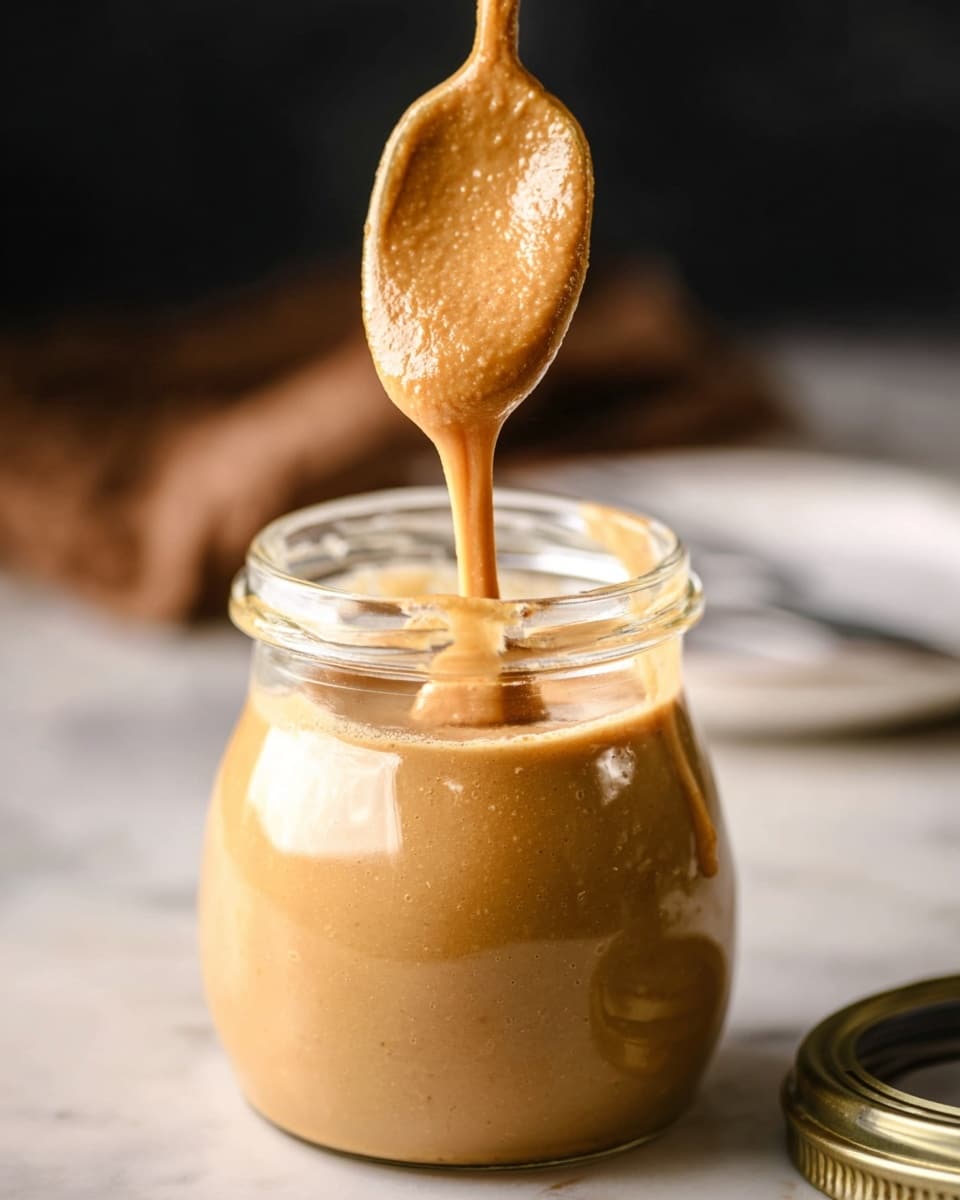 A small clear glass jar filled with a smooth, creamy light brown sauce, with a spoon lifted above the jar dripping the thick sauce down its side, showing a slightly textured surface. The jar is placed on a white marbled surface, the metal lid lies open next to it, and part of a white plate is visible blurred in the background. The lighting highlights the rich texture of the sauce, giving it a warm and inviting look. Photo taken with an iphone --ar 4:5 --v 7