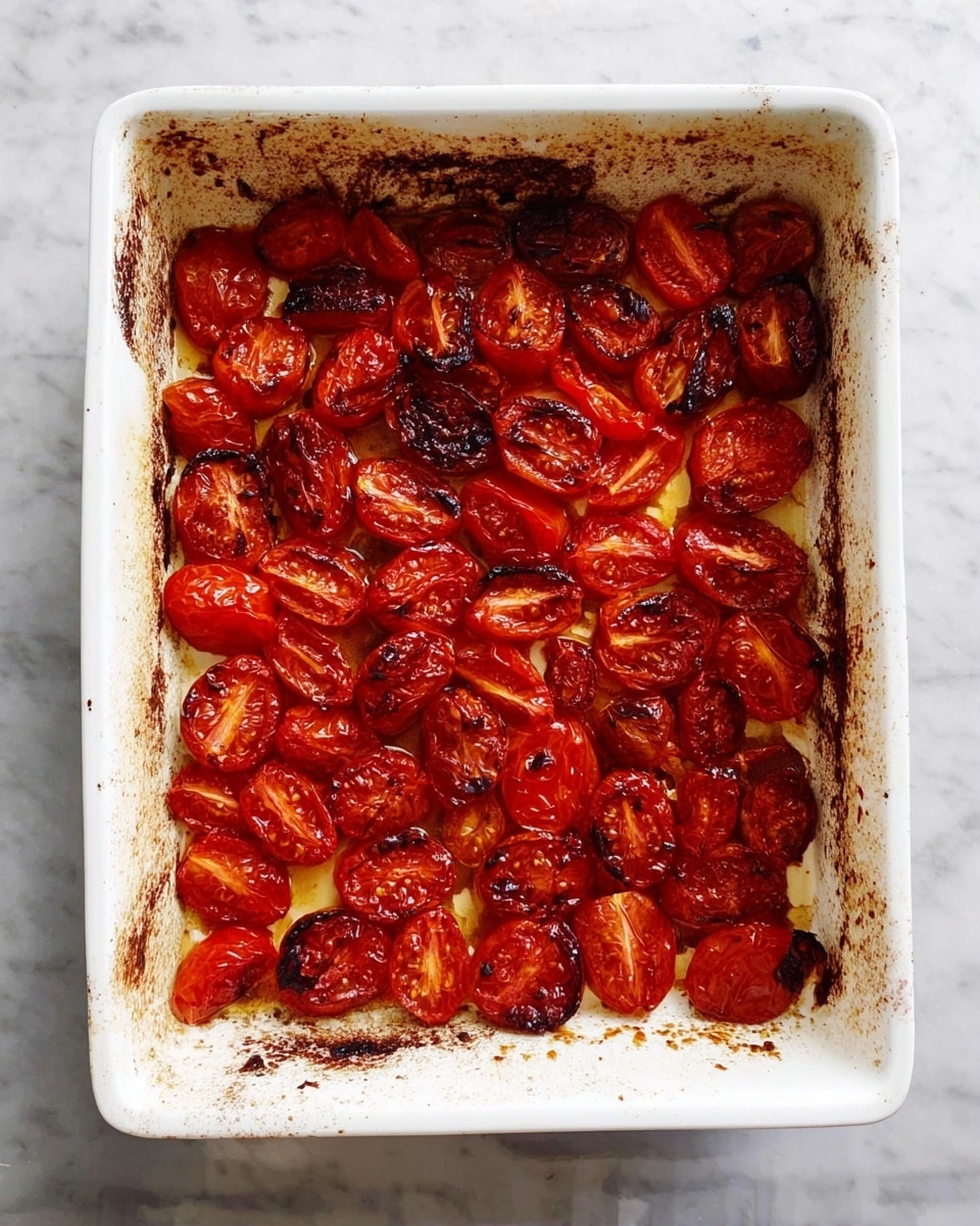 A white square baking dish filled with one layer of roasted grape tomatoes, cut in half and placed cut side up. The tomatoes have a deep red color with some dark brown charred spots on their skin, showing they are cooked evenly. The edges of the baking dish have some burnt tomato residue and oil stains, giving a rustic look. The dish sits on a white marbled surface. Photo taken with an iphone --ar 4:5 --v 7