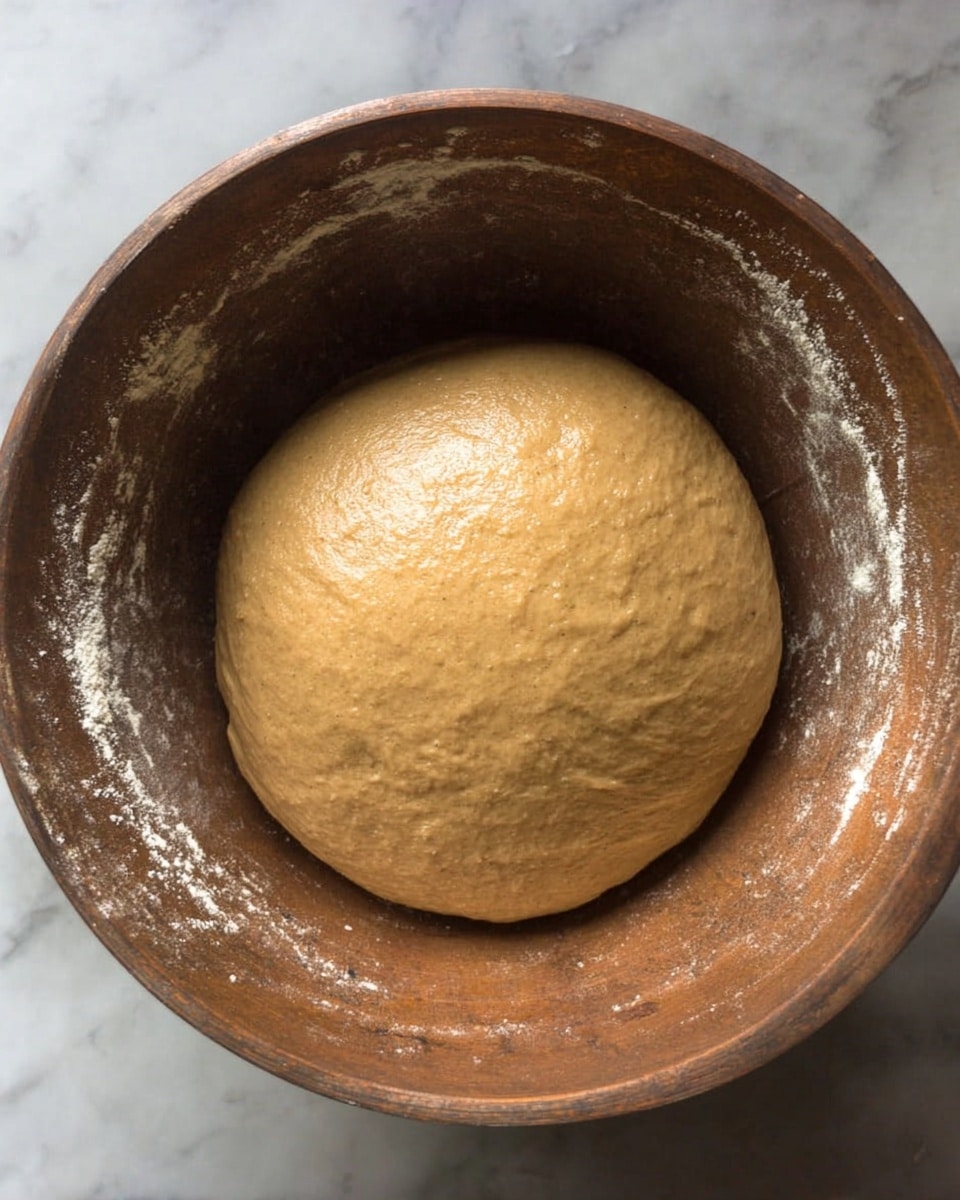 Inside a rustic metal bowl, there is one layer of smooth, risen dough with a light brown color and slightly shiny surface. The dough is round and puffy, filling most of the bowl's bottom. The bowl’s inside has some flour dust and dough residue, showing use. The background is a white marbled texture. photo taken with an iphone --ar 4:5 --v 7
