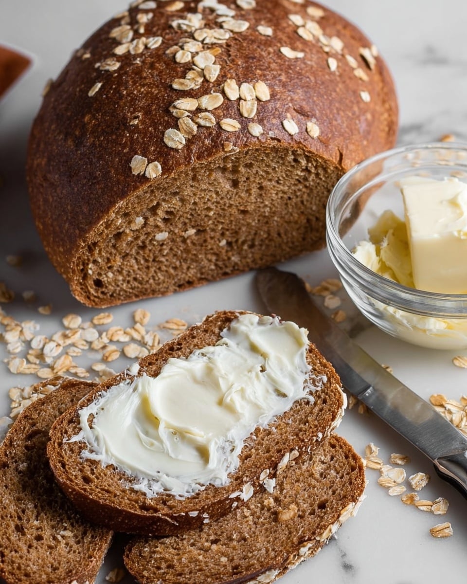 A thick round loaf of dark brown bread with oats sprinkled on top sits on a white marbled surface. In the foreground, there are several cut slices of the same bread, showing a soft textured interior. One slice lies flat and is spread with an uneven layer of white creamy butter. Next to this slice is a clear glass container filled with creamy butter, accompanied by a silver knife resting on the edge. Scattered oat flakes are visible around the bread and on the white marbled surface. photo taken with an iphone --ar 4:5 --v 7