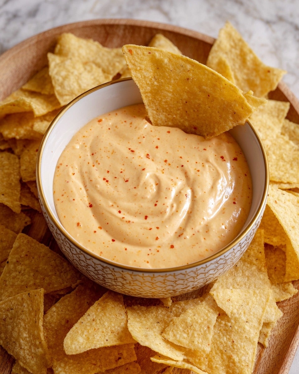 A round bowl with a white and gold pattern holds a thick, creamy light orange dip with small red specks, the surface smooth with a gentle swirl in the middle. One large triangular pale yellow chip is dipped in the sauce, resting on the edge of the bowl. Surrounding the bowl are many more lightly textured, pale yellow triangular chips scattered on a wooden tray. The whole scene is set on a white marbled texture. photo taken with an iphone --ar 4:5 --v 7