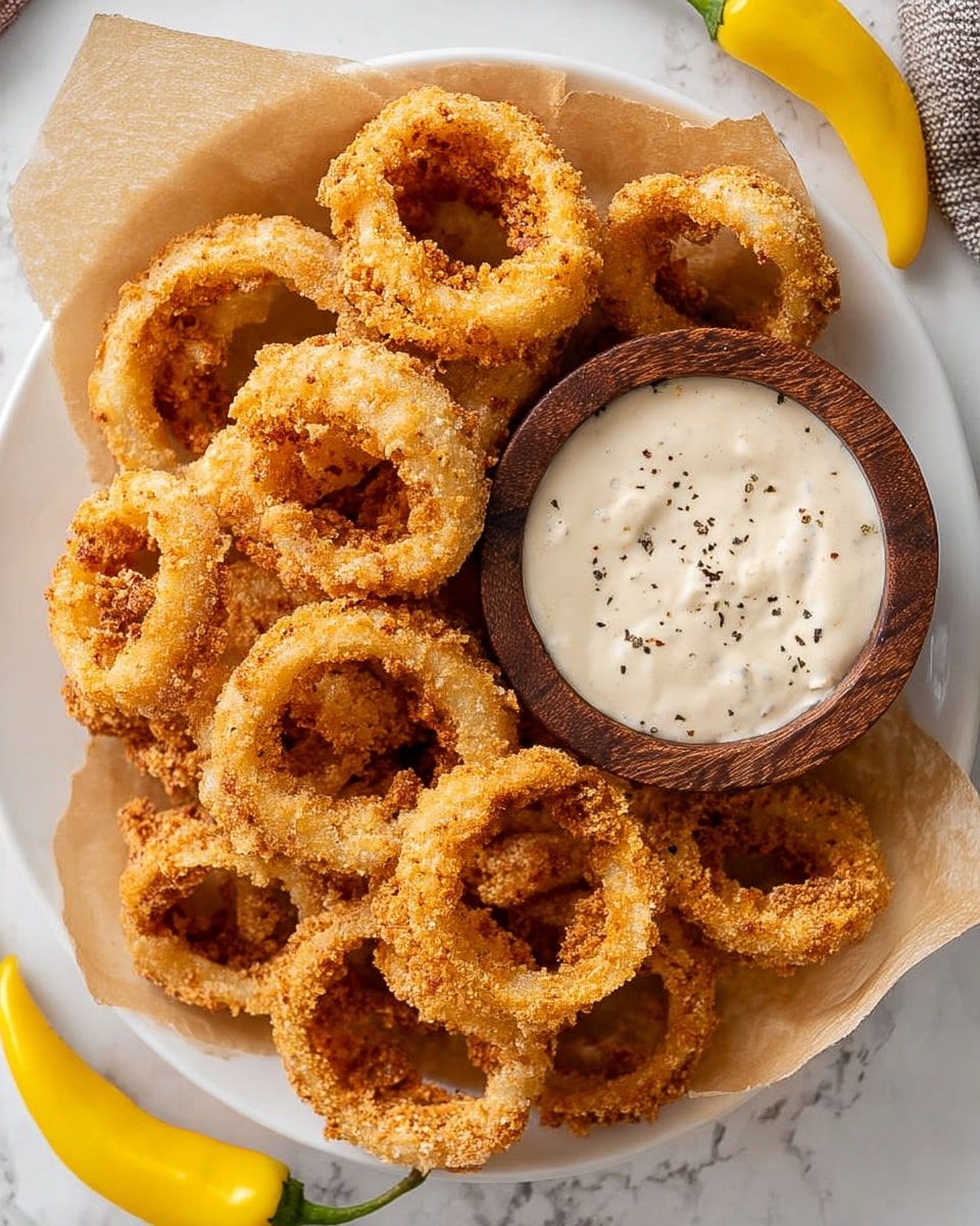 A white plate holds a pile of golden-brown fried onion rings with a crispy, crumbly texture. The onion rings are arranged around a small dark wooden bowl filled with creamy white dipping sauce that has black pepper flakes visible on the surface. The plate is lined with light brown parchment paper, and the background is a white marbled texture with two small yellow chili peppers placed near the edges. photo taken with an iphone --ar 4:5 --v 7
