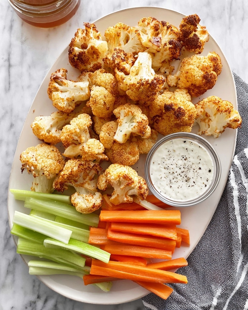 A white oval plate holds around twenty golden-brown roasted cauliflower florets scattered across most of the surface. On the bottom right are two stacks of long, fresh vegetable sticks: bright orange carrot sticks layered above light green celery sticks. A small round glass bowl filled with white creamy dip topped with coarse black pepper sits near the vegetable sticks. The plate rests on a white marbled surface, with a gray and white striped cloth partially visible on the right side. Photo taken with an iphone --ar 4:5 --v 7