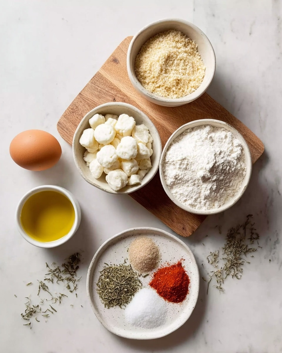 The image shows six food items arranged neatly on a white marbled surface. In the center, there is a wooden board holding two white bowls: one filled with beige breadcrumbs and the other with white flour. Below the board, there is a white bowl filled with small, round white cheese pieces. To the left, a small white cup holds golden-yellow olive oil, and an uncracked brown egg sits nearby on the surface. In front, a white shallow dish displays four spices in small piles: coarse salt, dried green herbs, red paprika, and a white powder. Some dried green herbs are scattered lightly on the surface around the bowls. Photo taken with an iphone --ar 4:5 --v 7