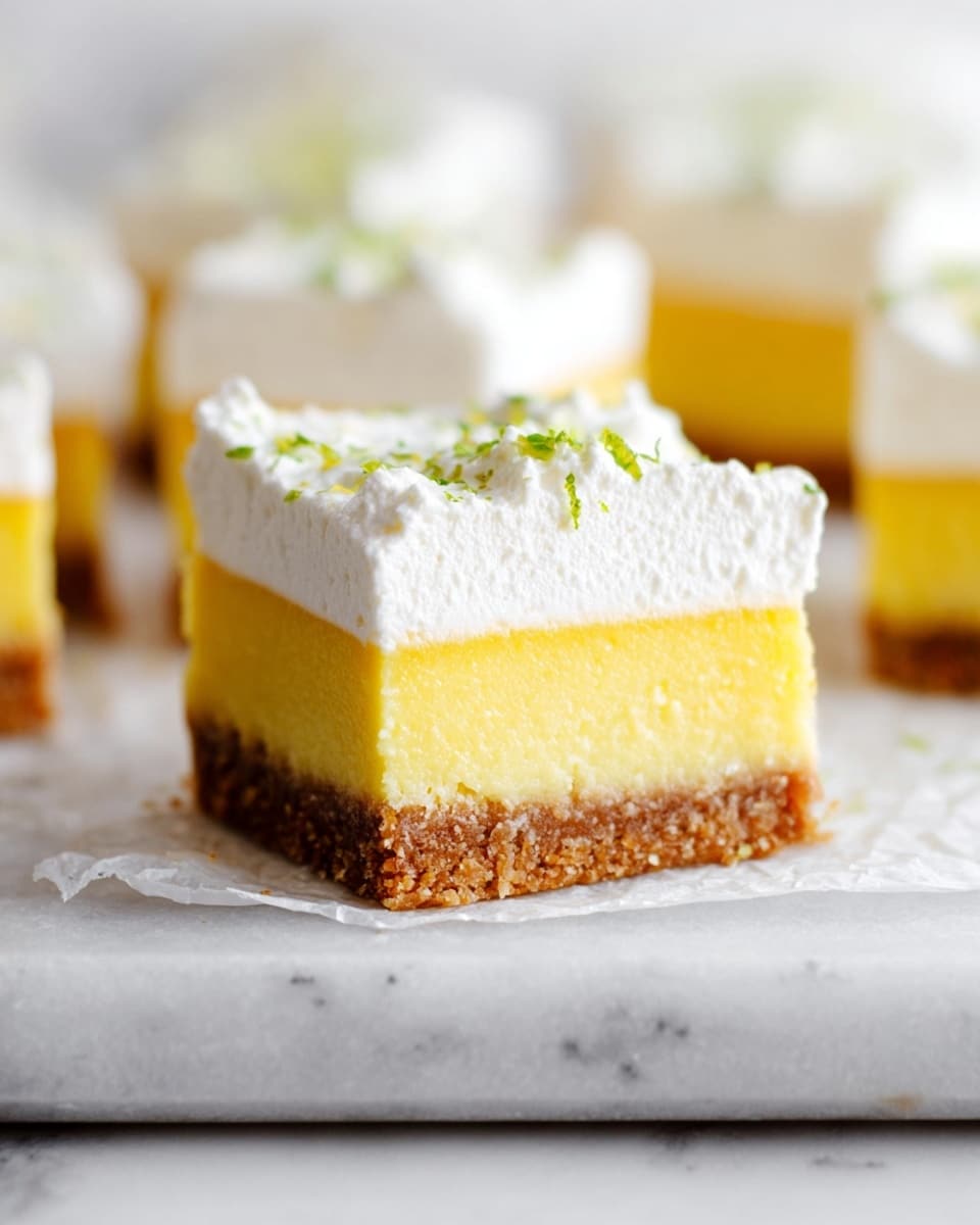 The image shows a close-up of a square lemon dessert bar with three layers, placed on white parchment paper on a white marbled surface. The bottom layer is a thin, crumbly, brown crust with a rough texture. The middle layer is a thick, smooth, bright yellow lemon filling with a creamy look. The top layer is a thick, fluffy white whipped cream with a soft texture, sprinkled with small green lime zest pieces. Other similar dessert bars are blurred in the background, all on the same white marbled surface. photo taken with an iphone --ar 4:5 --v 7