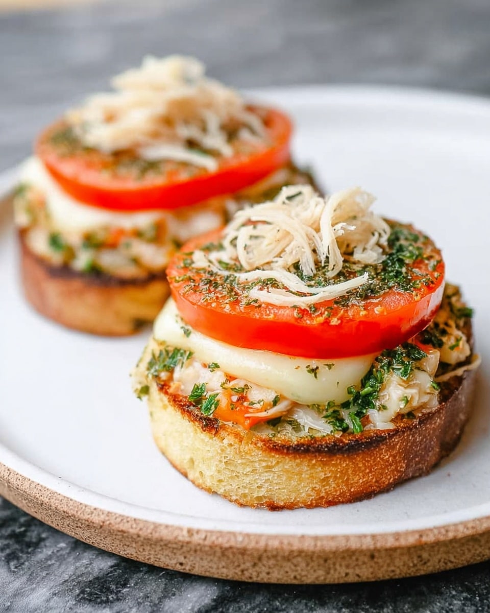 Two small open-faced sandwiches are shown on a white plate. Each sandwich has a thick, toasted bread base with a light golden brown color. On top of the bread is a layer mixed with green herbs and small orange bits with a soft texture. Above that is a bright red tomato slice, smooth and juicy. On top of the tomato is a melted creamy white layer, giving a soft and slightly shiny look. The final layer is a small pile of light beige shredded pieces with a delicate texture. The plate sits on a white marbled surface. photo taken with an iphone --ar 4:5 --v 7