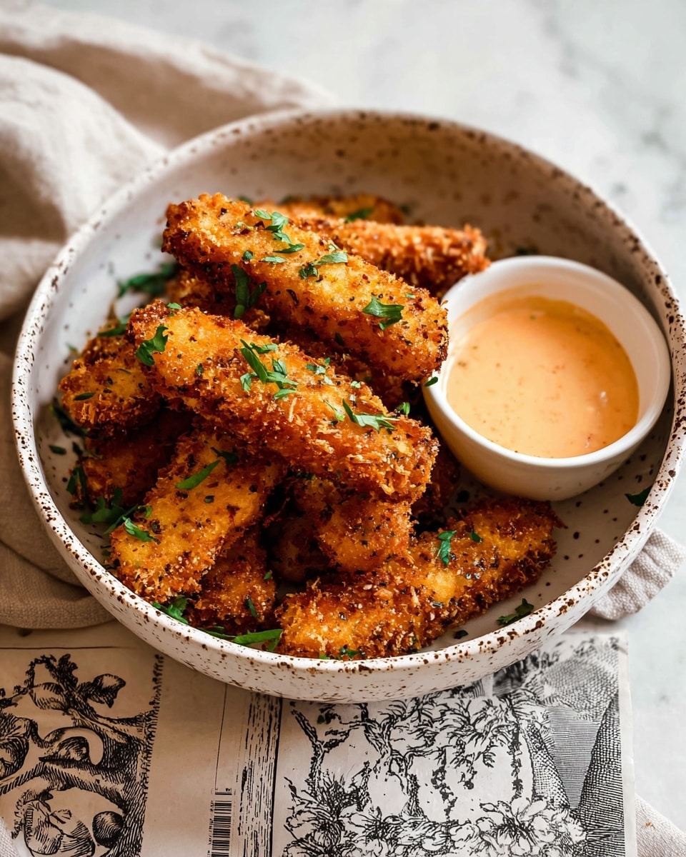 A bowl filled with several golden-brown, crispy fried sticks stacked together, sprinkled with bright green small parsley leaves. The bowl is white with brown speckles. On the very edge of the bowl, there is a small white cup filled with a creamy, light orange dipping sauce. The setting includes a white marbled surface with a cream cloth and a newspaper with black vine patterns in the background. Photo taken with an iphone --ar 4:5 --v 7
