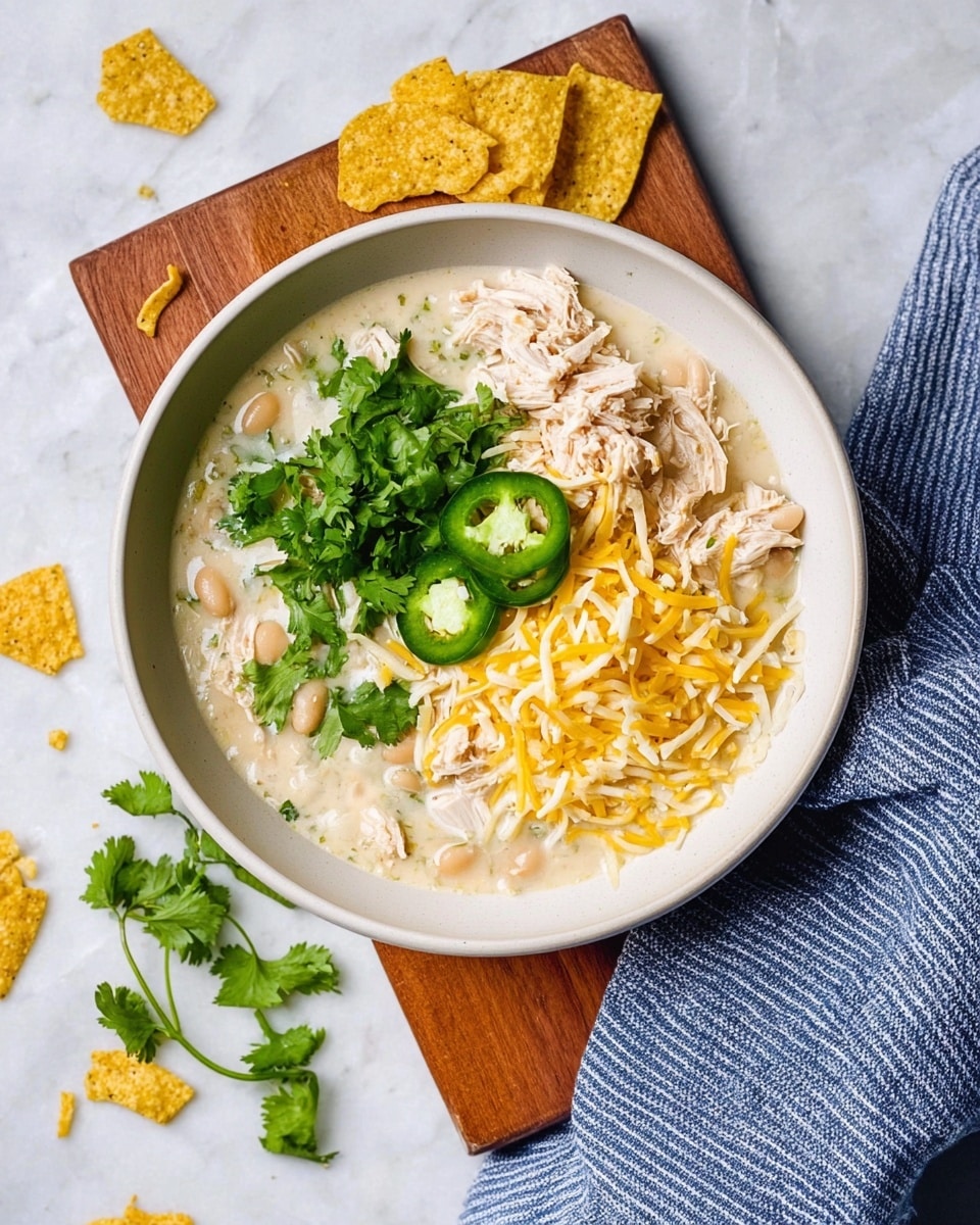 A white bowl filled with creamy white soup containing shredded chicken and white beans forms the base layer. On top, there is a layer of shredded yellow and white cheese scattered mostly on one side. Fresh green cilantro leaves cover part of the cheese, and three slices of bright green jalapeno peppers sit on the cilantro. Crunchy yellow crushed tortilla chips are scattered on the cheese near the front. The bowl rests on a wooden board and a blue and white striped cloth to the upper right, all set on a white marbled surface with some cilantro leaves and tortilla chip pieces sprinkled around. Photo taken with an iphone --ar 4:5 --v 7